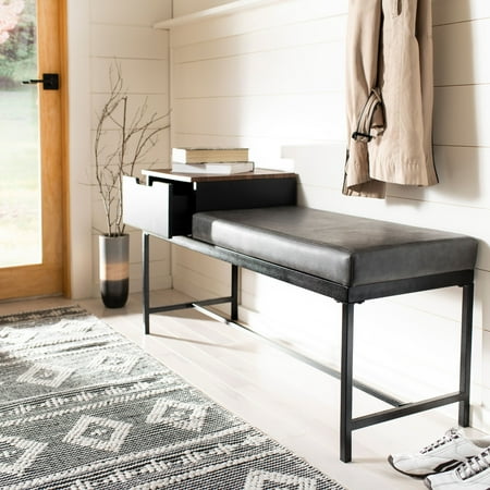 SAFAVIEH Maruka Upholstered Bench with Pull-Out Drawer, Lt Brown/Grey