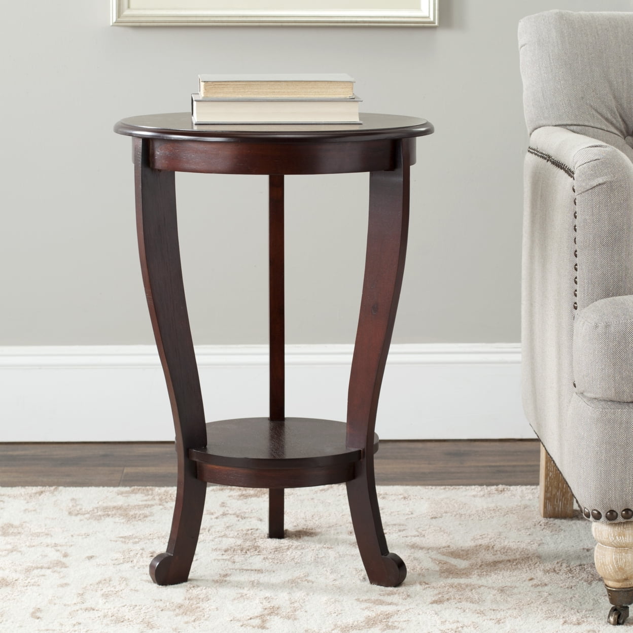 Transitional Round Brown Wood and Stone Pedestal Table