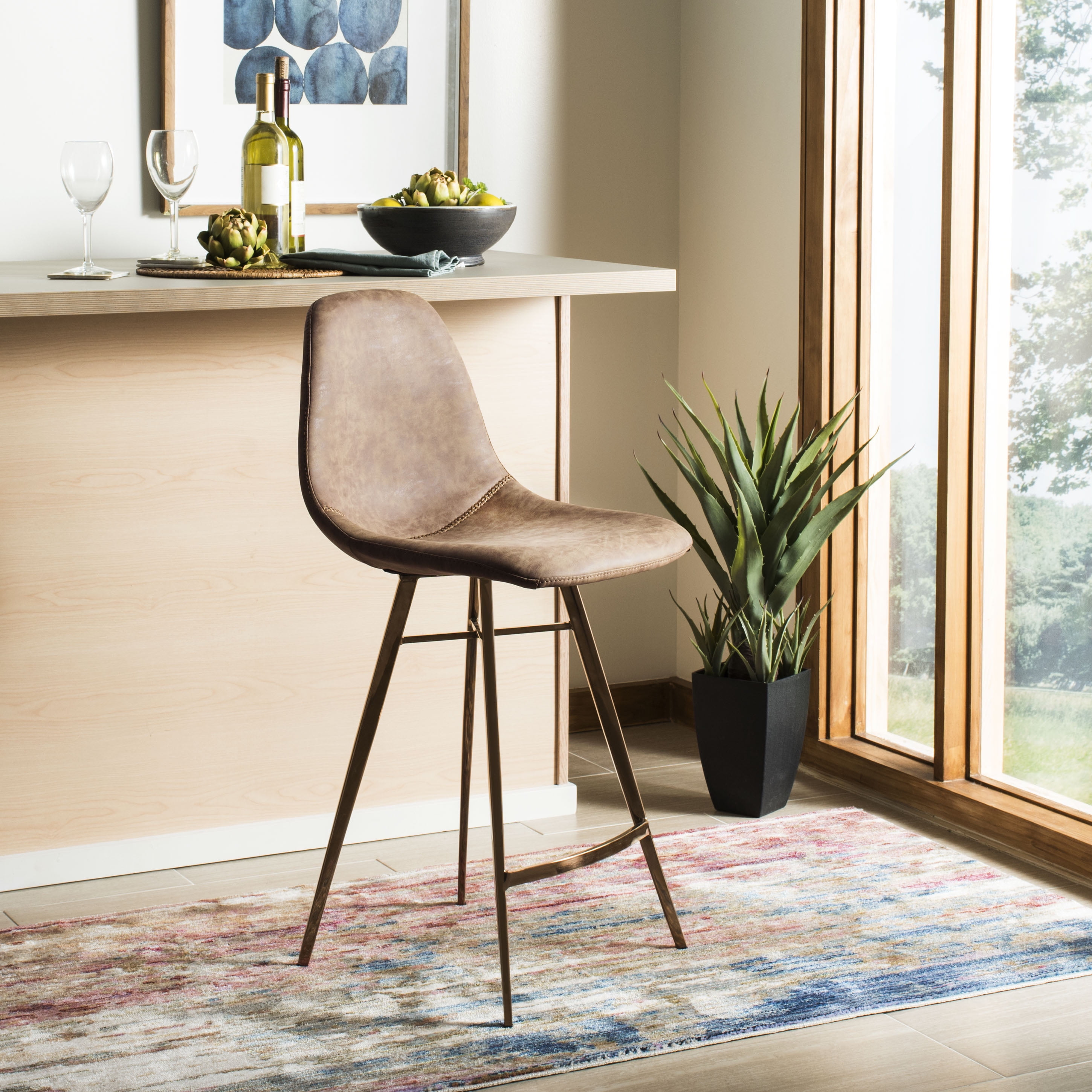 Mid-Century Brown Faux Leather Counter Stool with Copper Legs