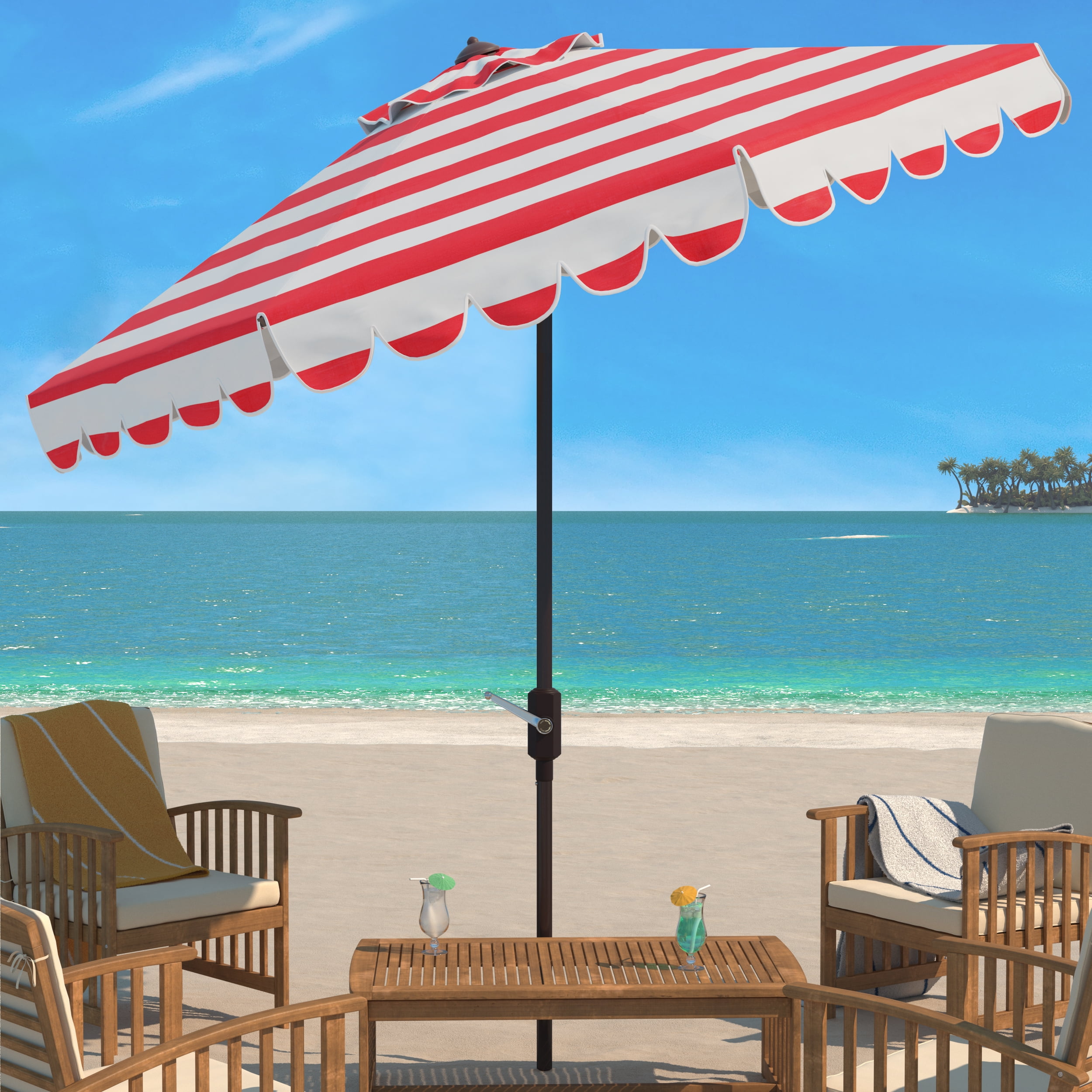 Maui Red and White Striped 9Ft Crank Tilt Patio Umbrella