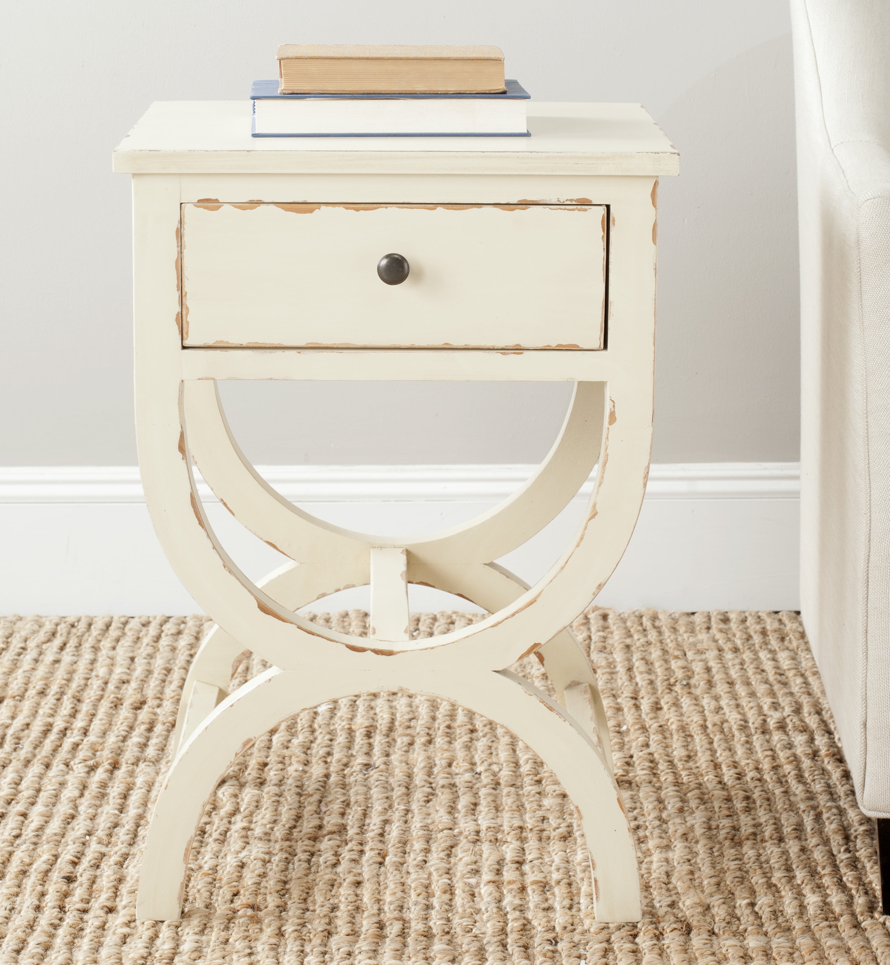 Vintage Cream Transitional Poplar End Table with Zinc Knob
