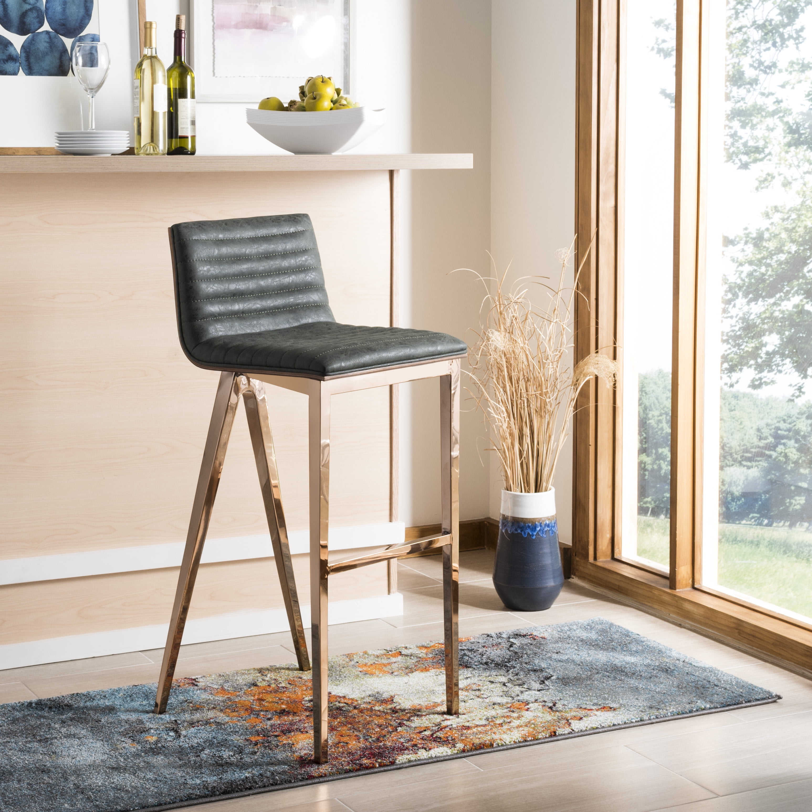 Deluxe Copper Swivel Bar Stool with Ash Green Faux Leather