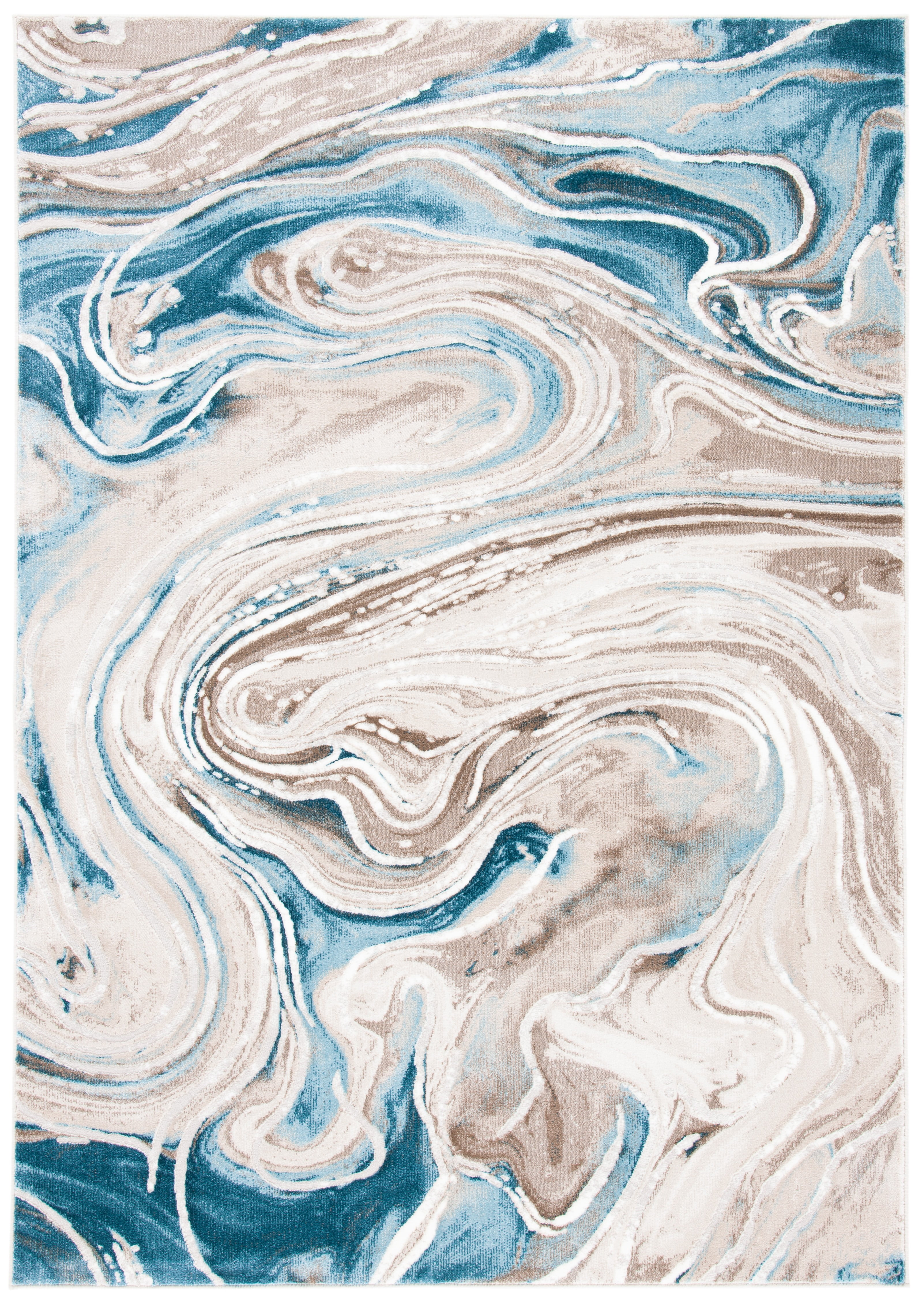 Large Blue and Beige Abstract Synthetic Rectangular Area Rug