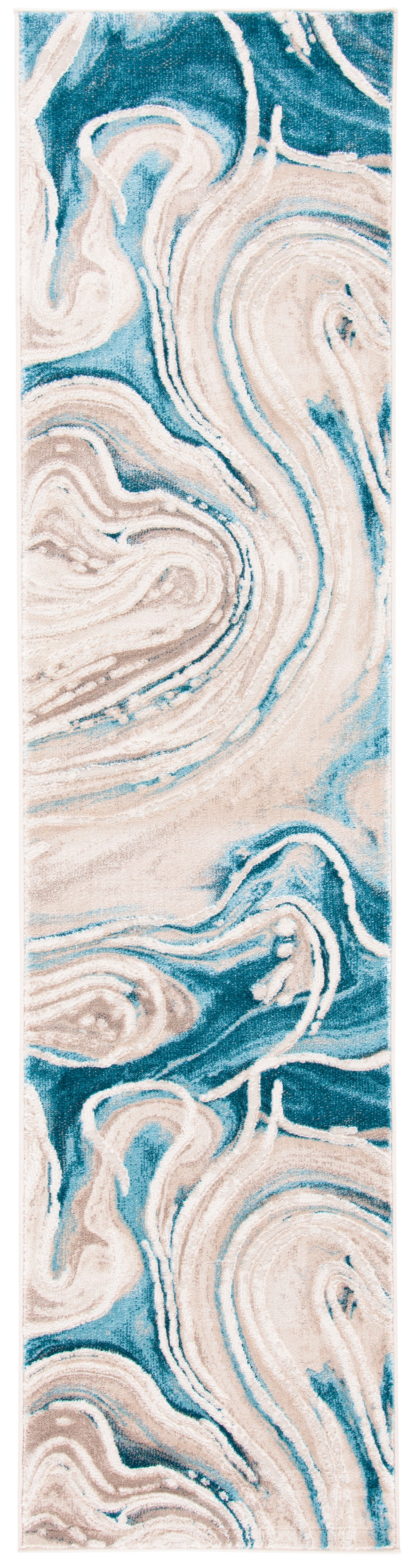 Blue and Beige Abstract Synthetic Runner Rug, 2' x 9'