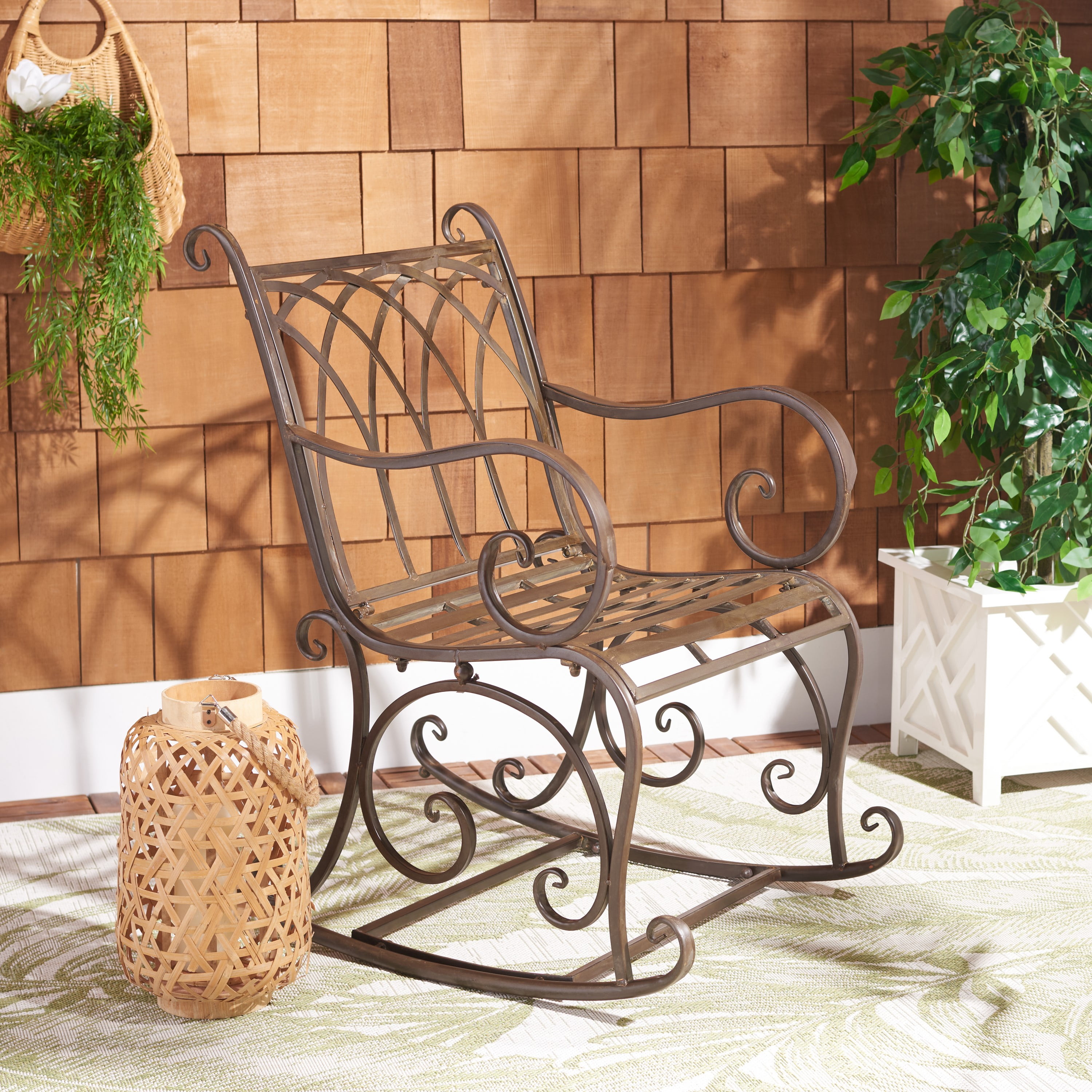 Medrano Rustic Brown Iron Frame Outdoor Rocking Chair
