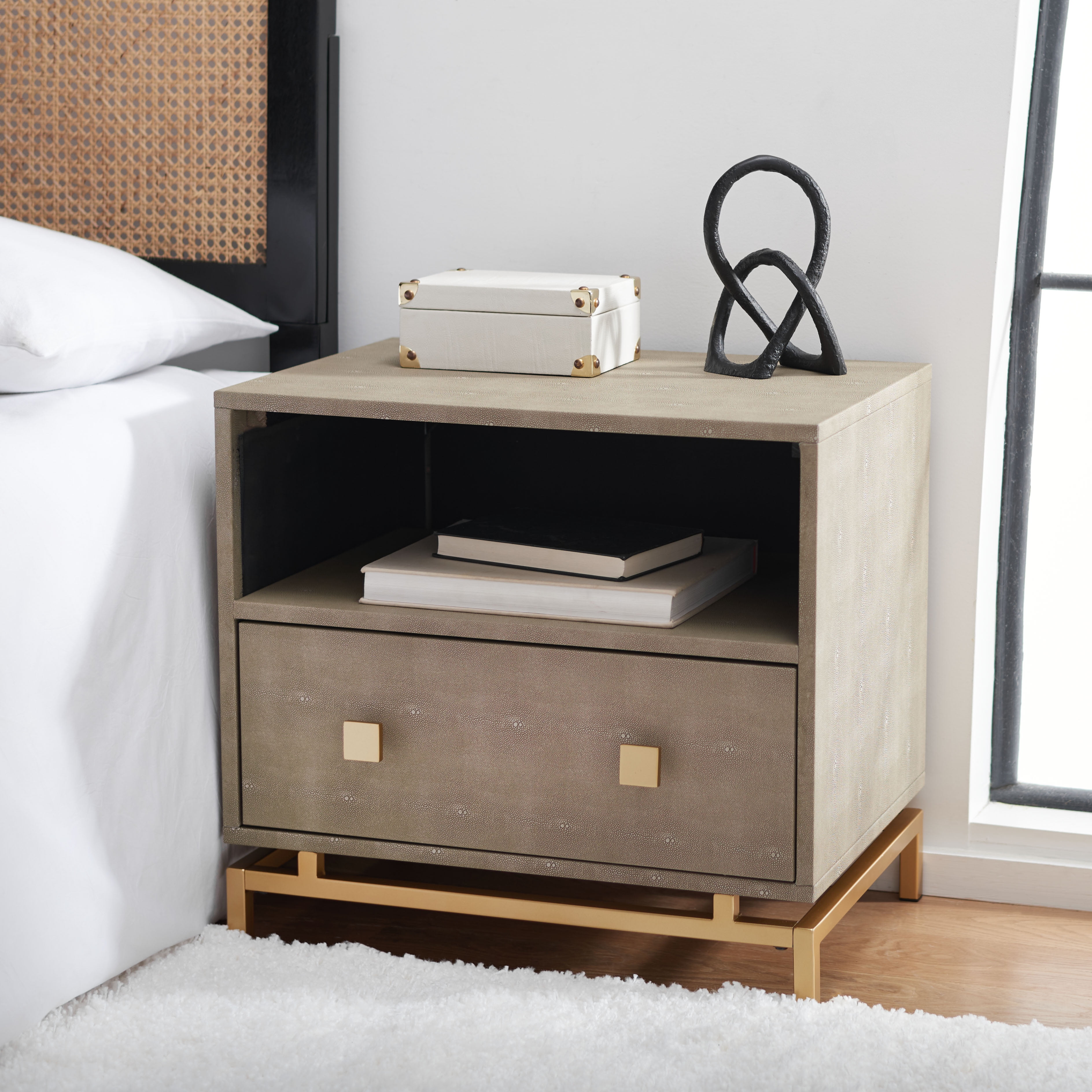Meilana Light Taupe and Brass 1 Drawer Nightstand