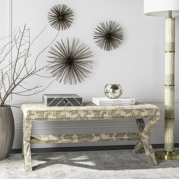 SAFAVIEH Melanie Extended Bench Silver Nail Head Taupe / Beige