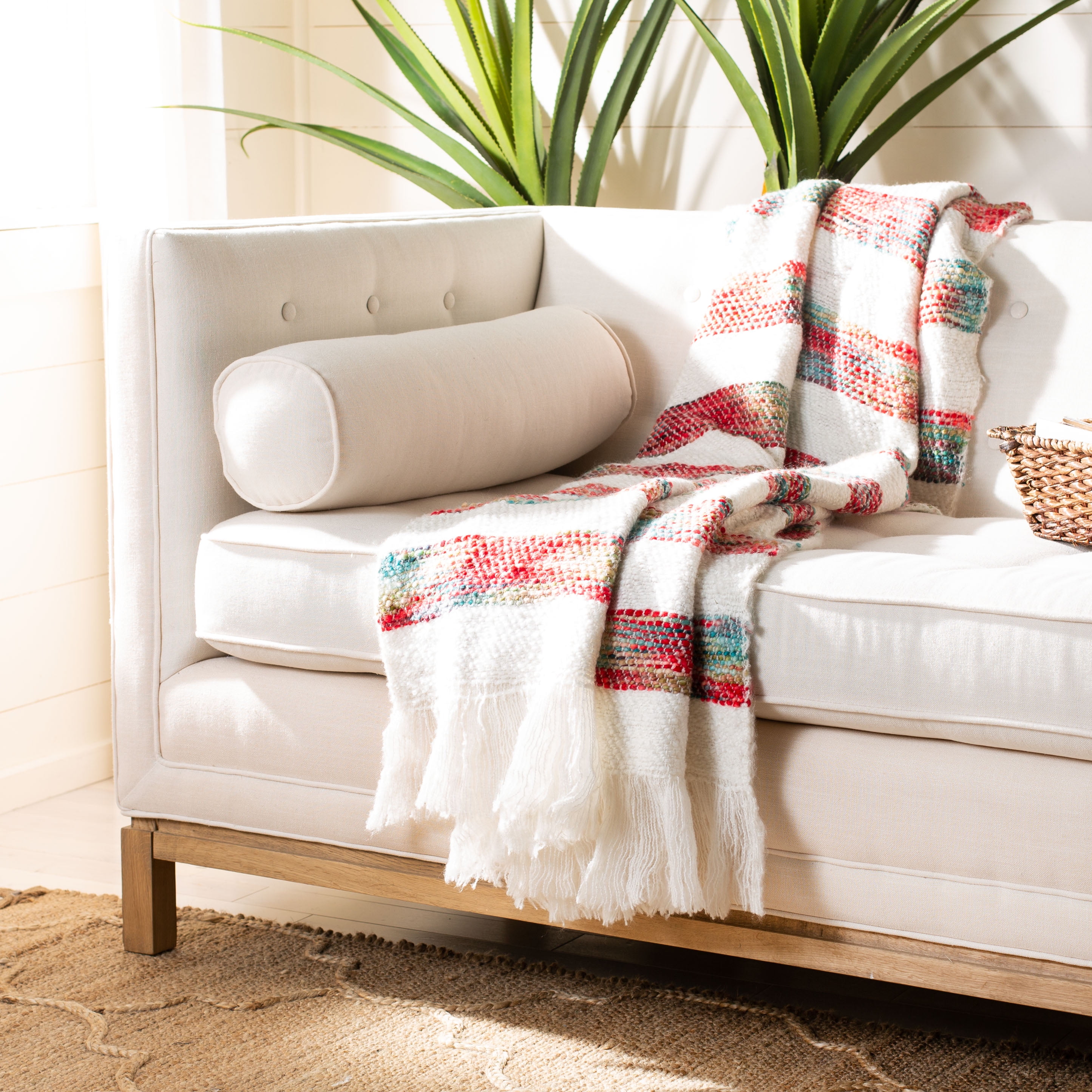 Vibrant White, Red, and Yellow Wool Throw Blanket