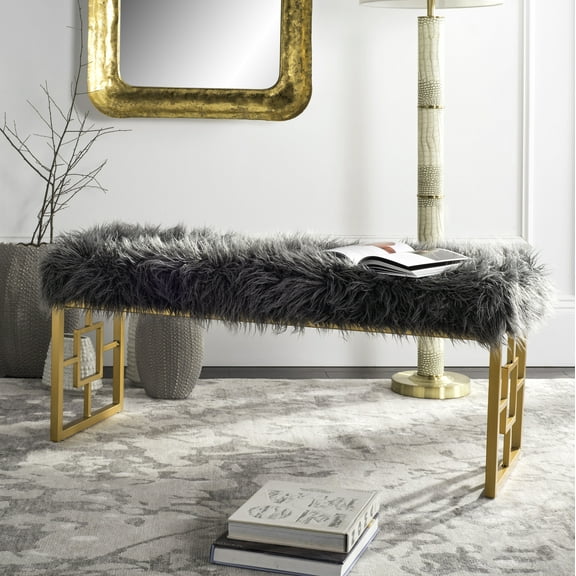 SAFAVIEH Mera Gold Foil Faux Sheepskin Bench, Grey Faux/Gold Liquid