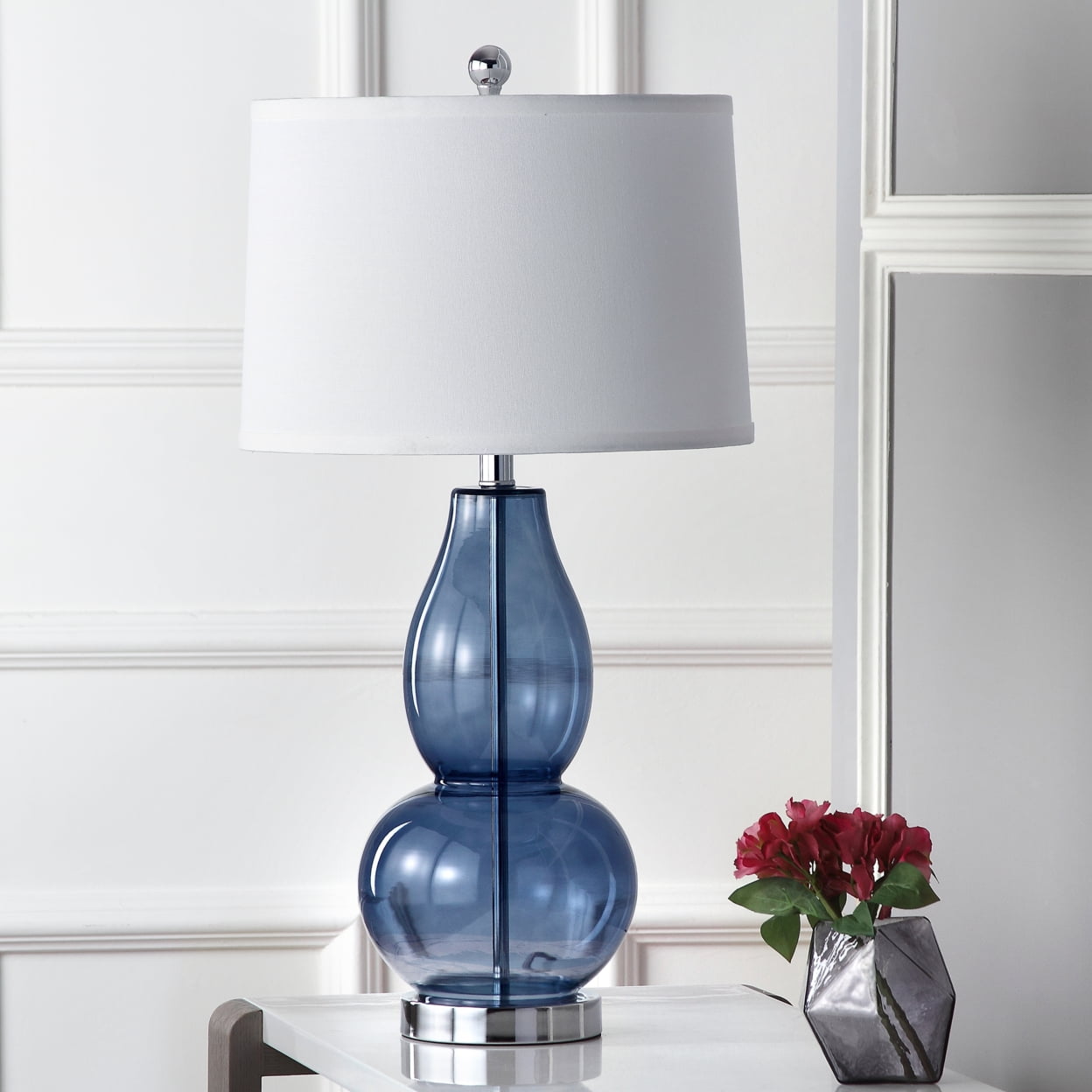 Blue Double Gourd Glass Table Lamp Set with White Shades