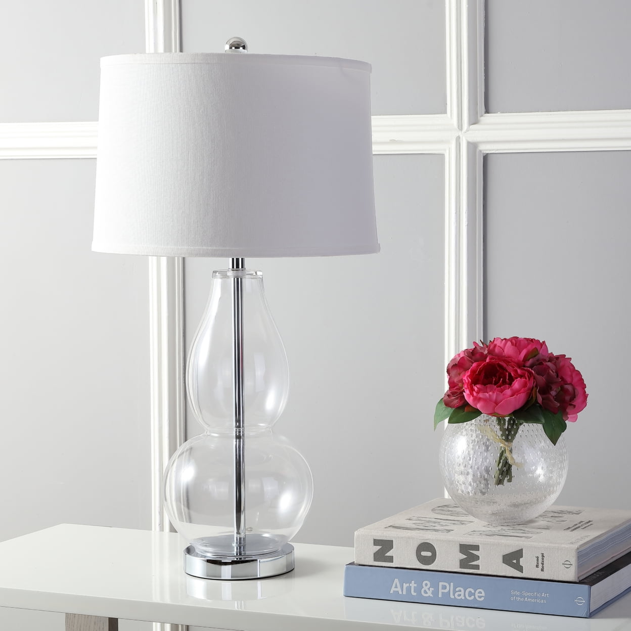 Clear Glass Double Gourd Table Lamp Set with White Shades