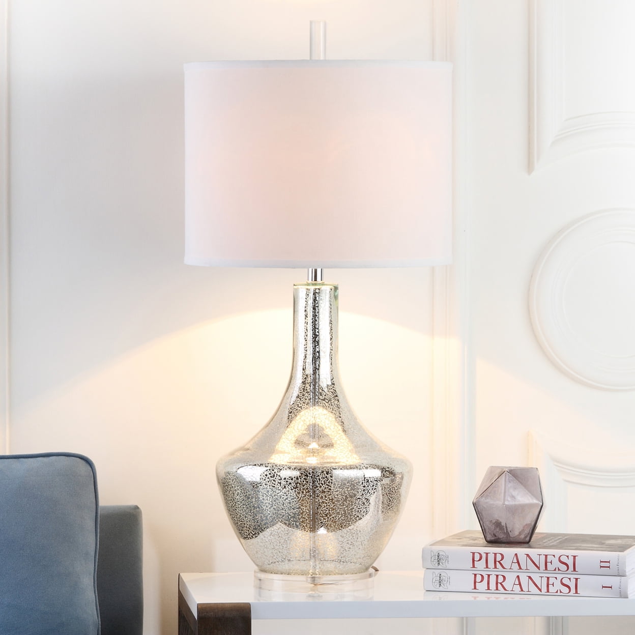 Silver Crackle Glass Nightstand Lamp with White Barrel Shade