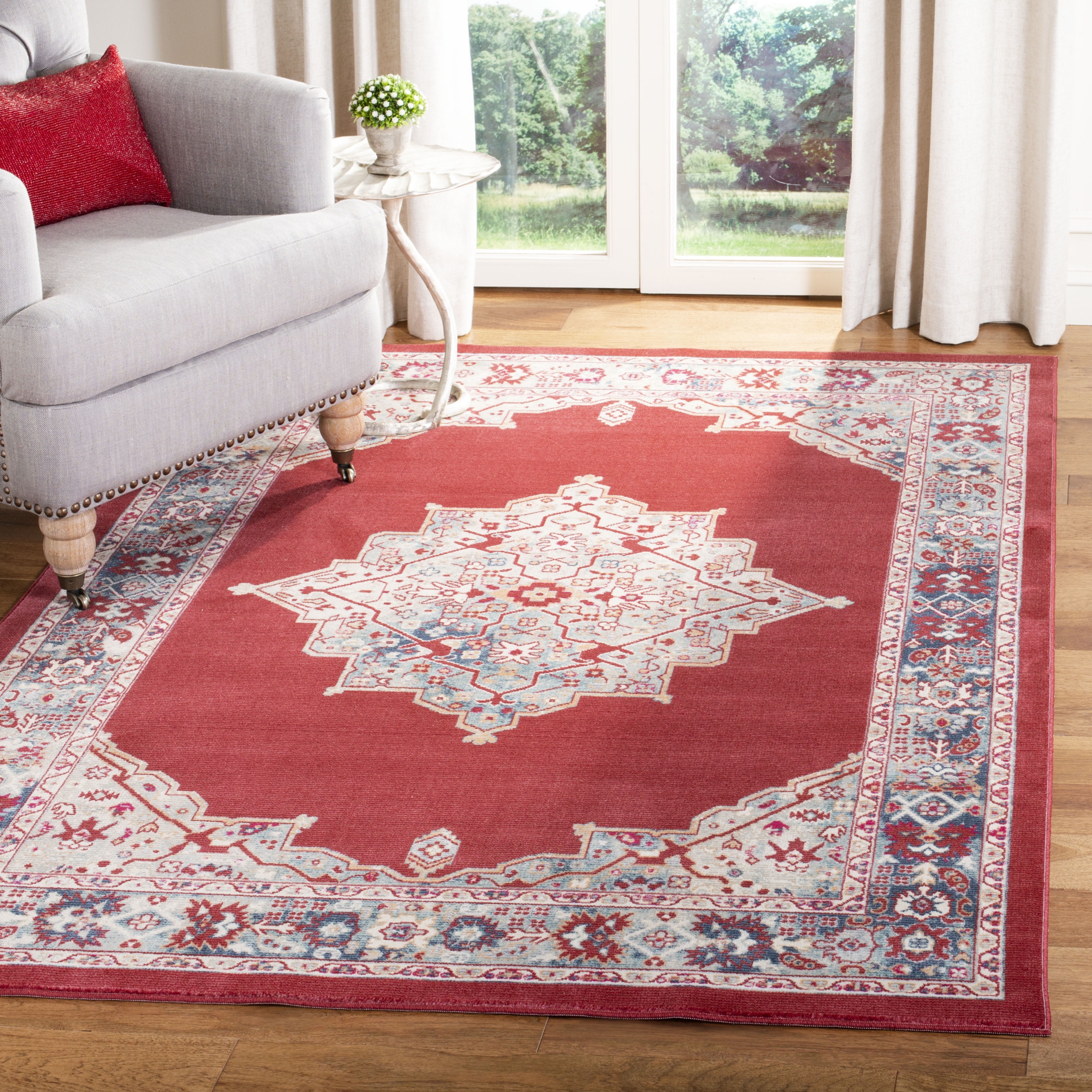 Merlot Red and Aqua Hand-knotted Cotton Area Rug, 4' x 6'