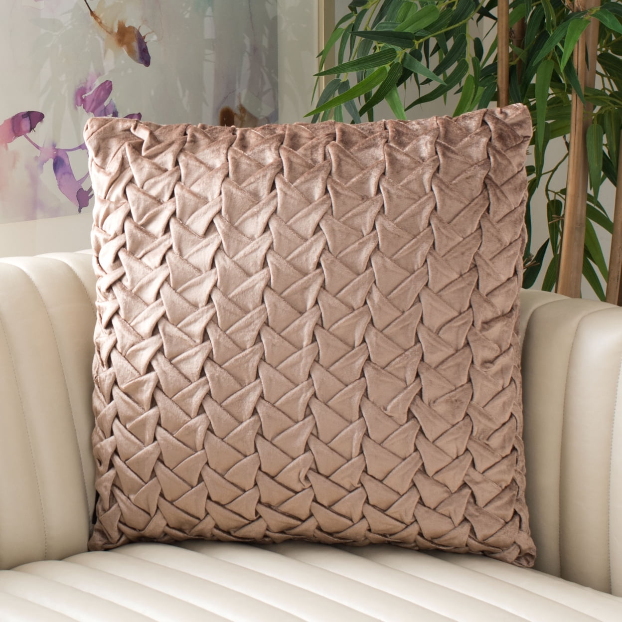 Blush Velvet Smocked Square Decorative Pillow