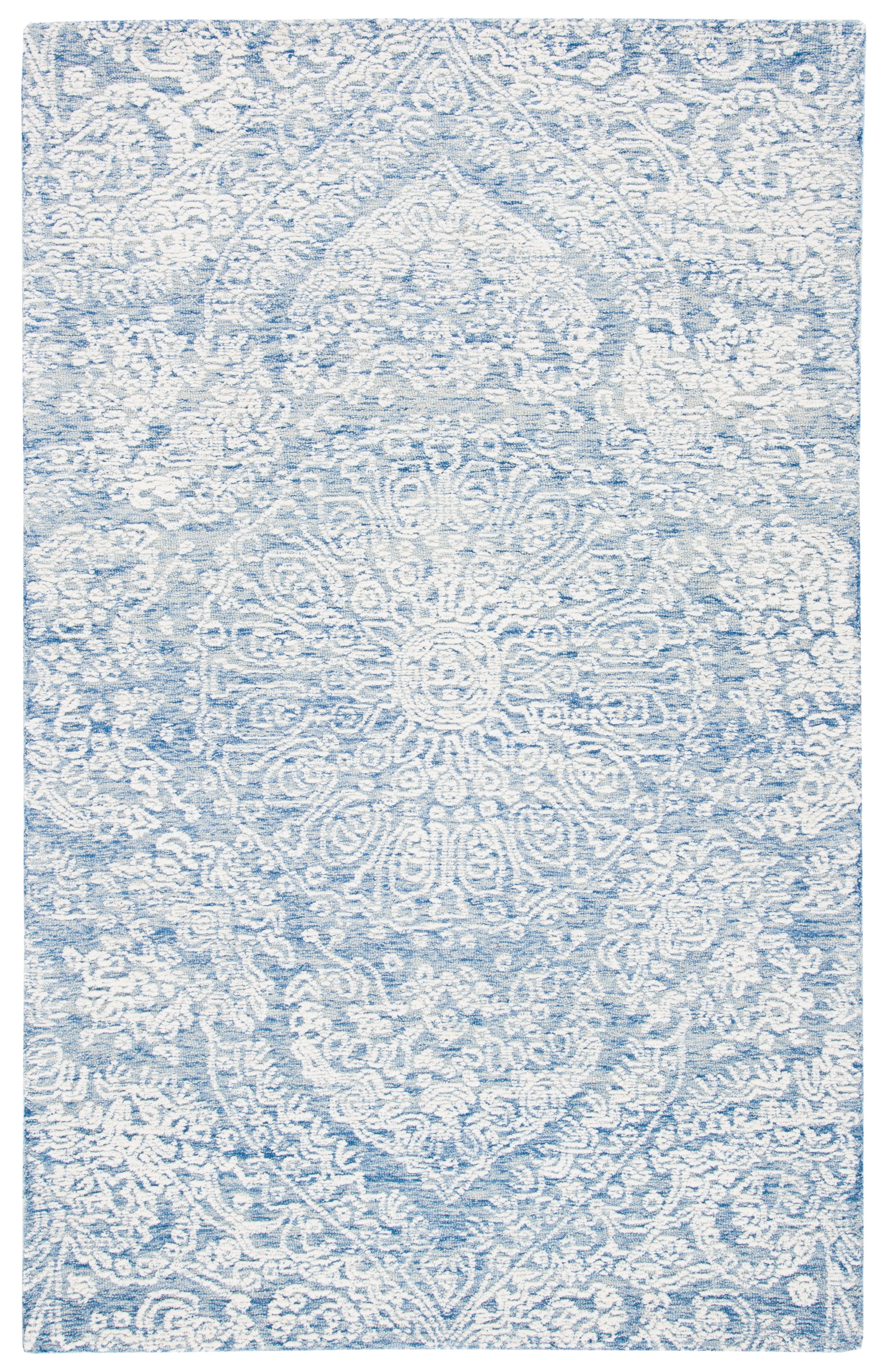 Handmade Blue Floral Wool Rectangular Rug 5' x 8'