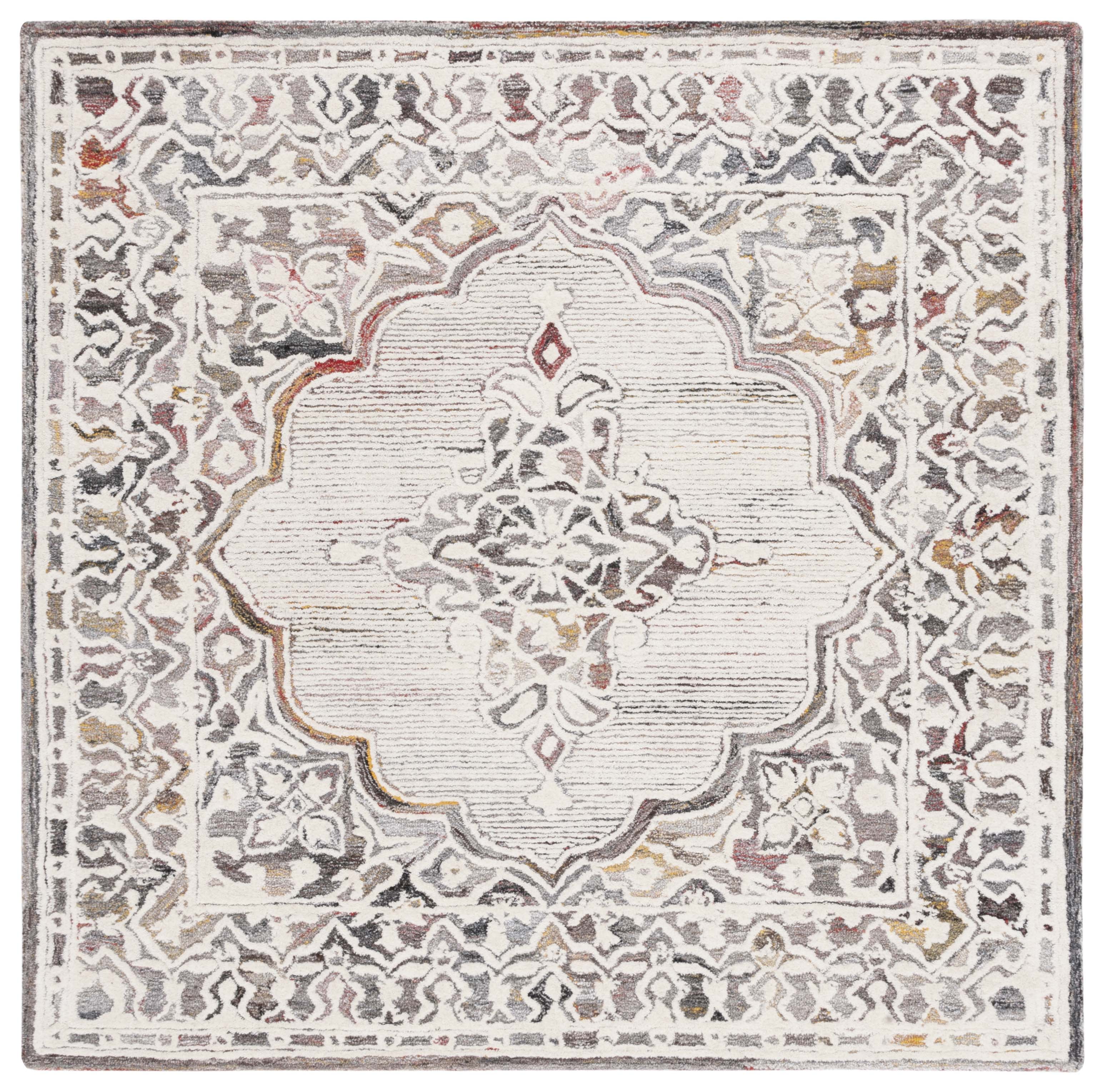 Hand-Tufted Red and Ivory Wool Square Rug