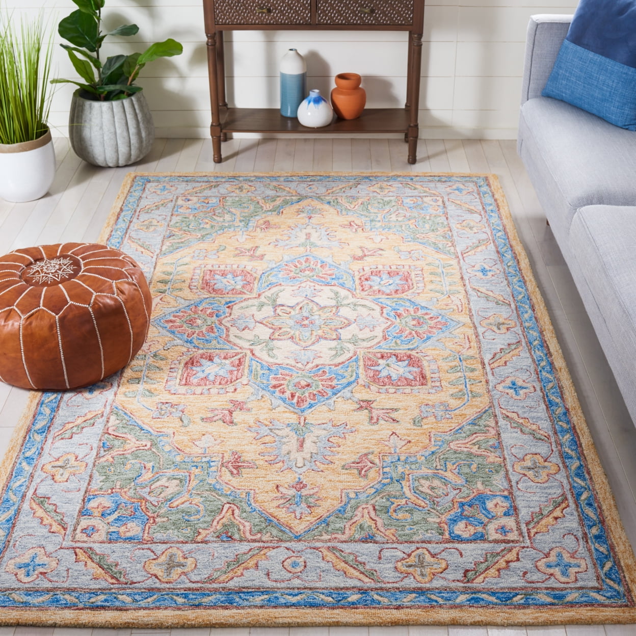 Ivory and Yellow Hand-Tufted Wool Area Rug, 5' x 8'