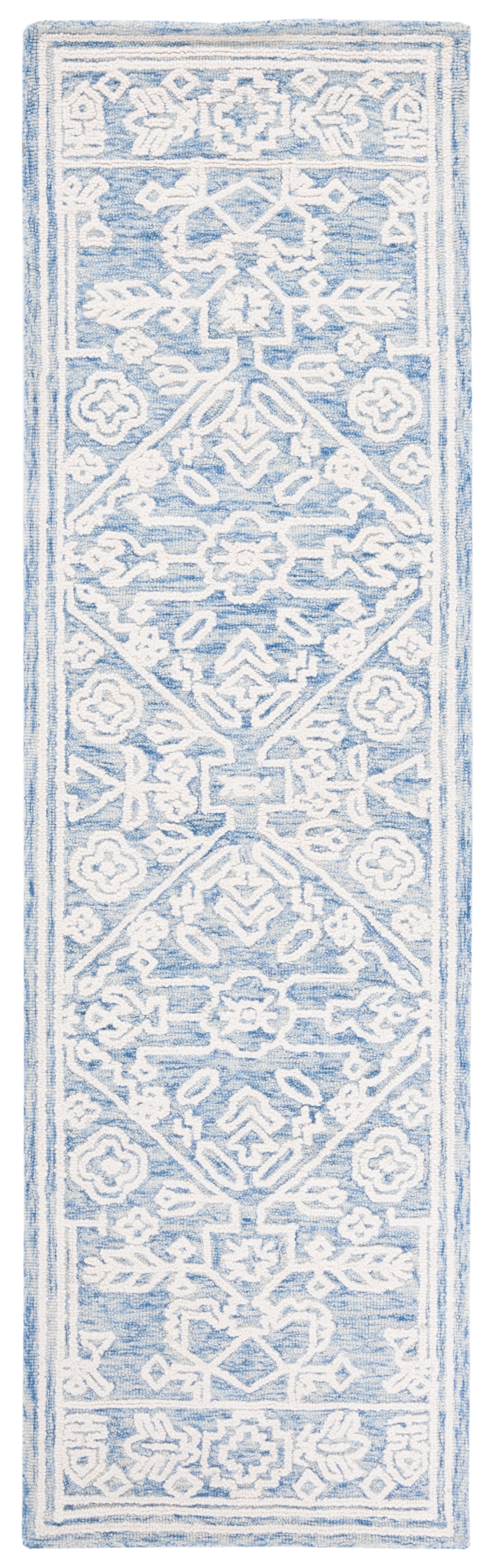 Elegant Country Floral Hand-Tufted Wool Rug - Blue Ivory, 27x7 in