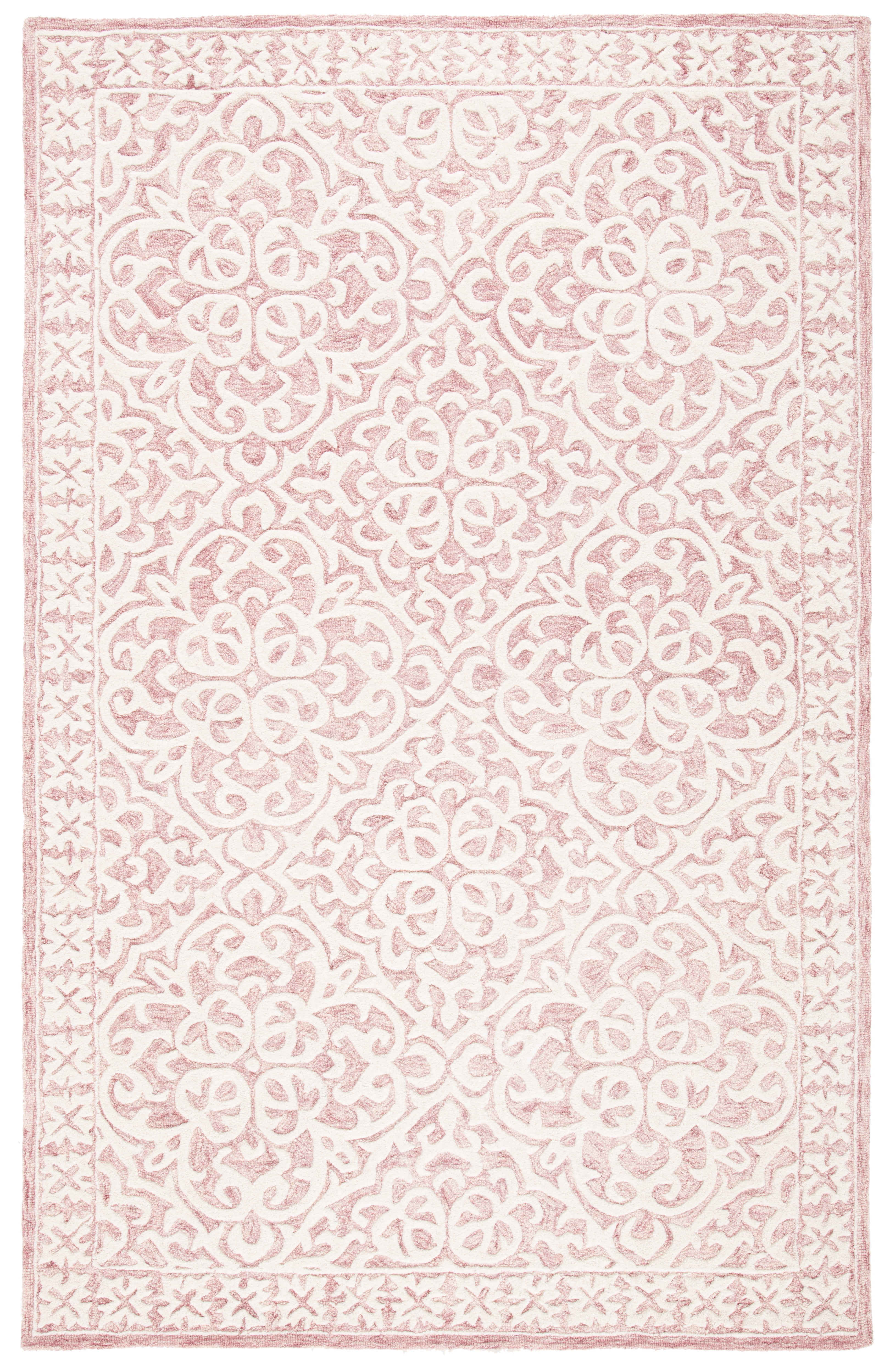 Handmade Pink and Ivory Floral Wool Tufted Rug, 4' x 6'