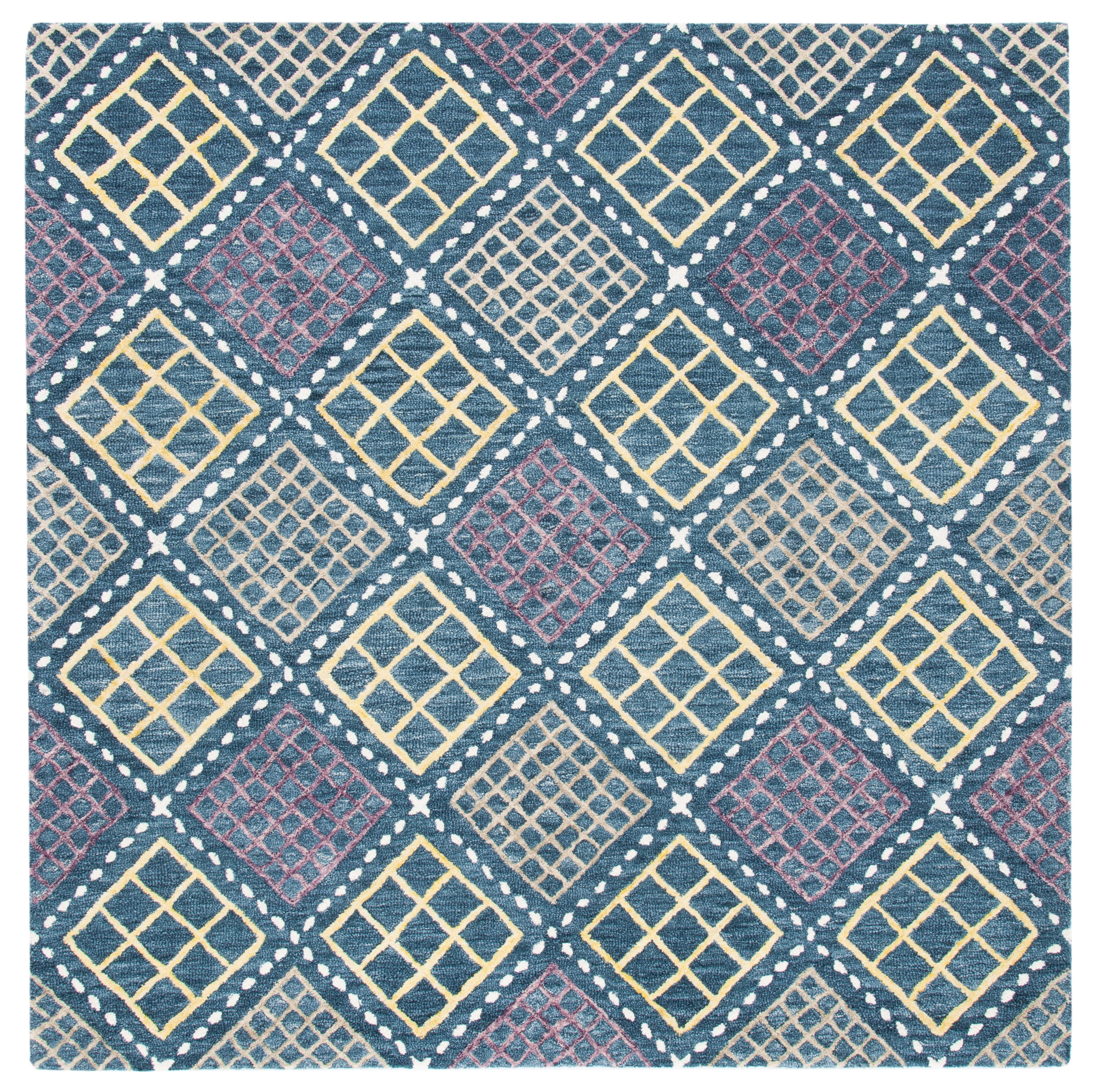 Blue and Yellow Hand-Tufted Wool Square Rug