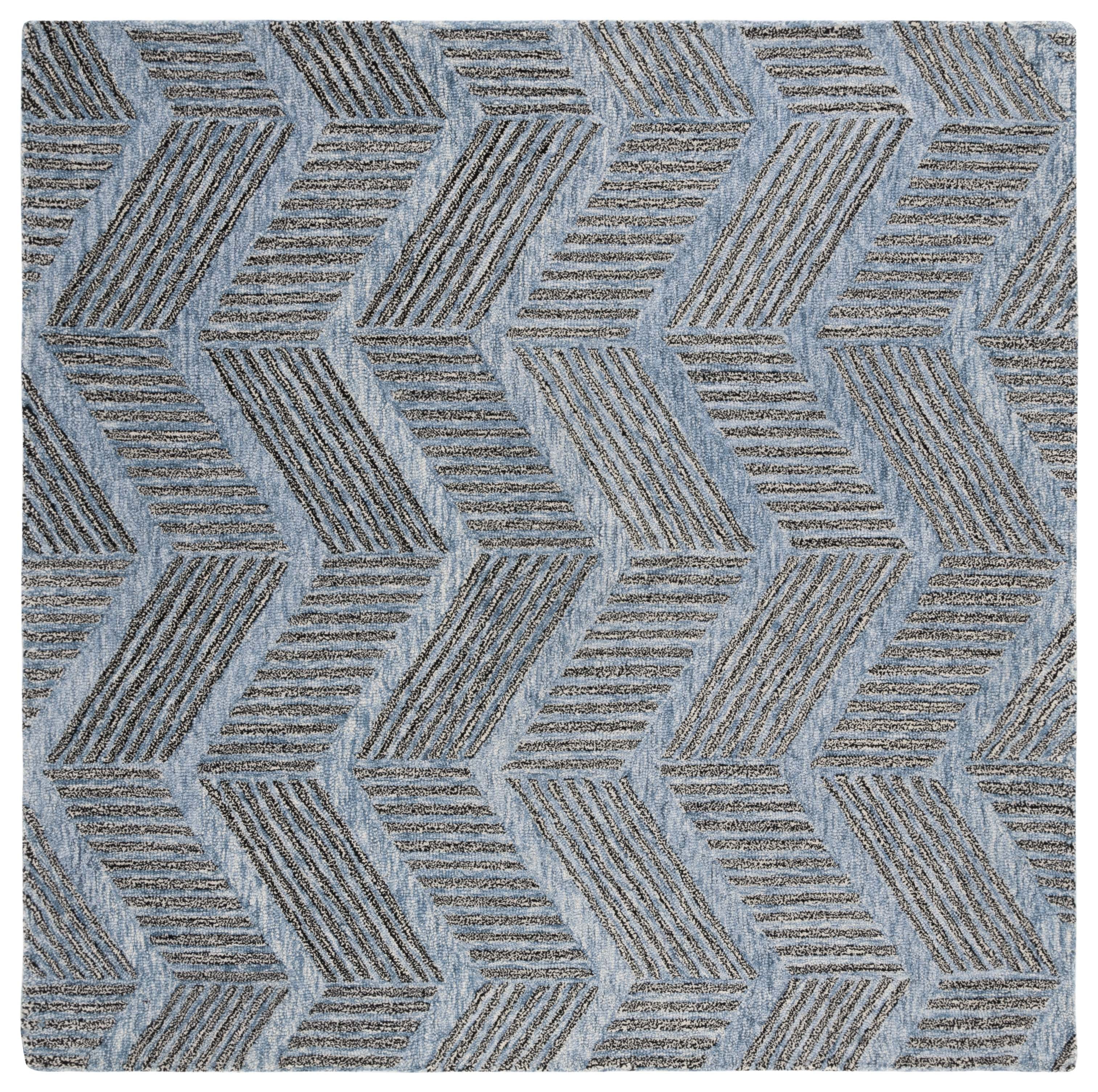 Elegant Hand-Tufted Wool Square Rug in Blue and Black
