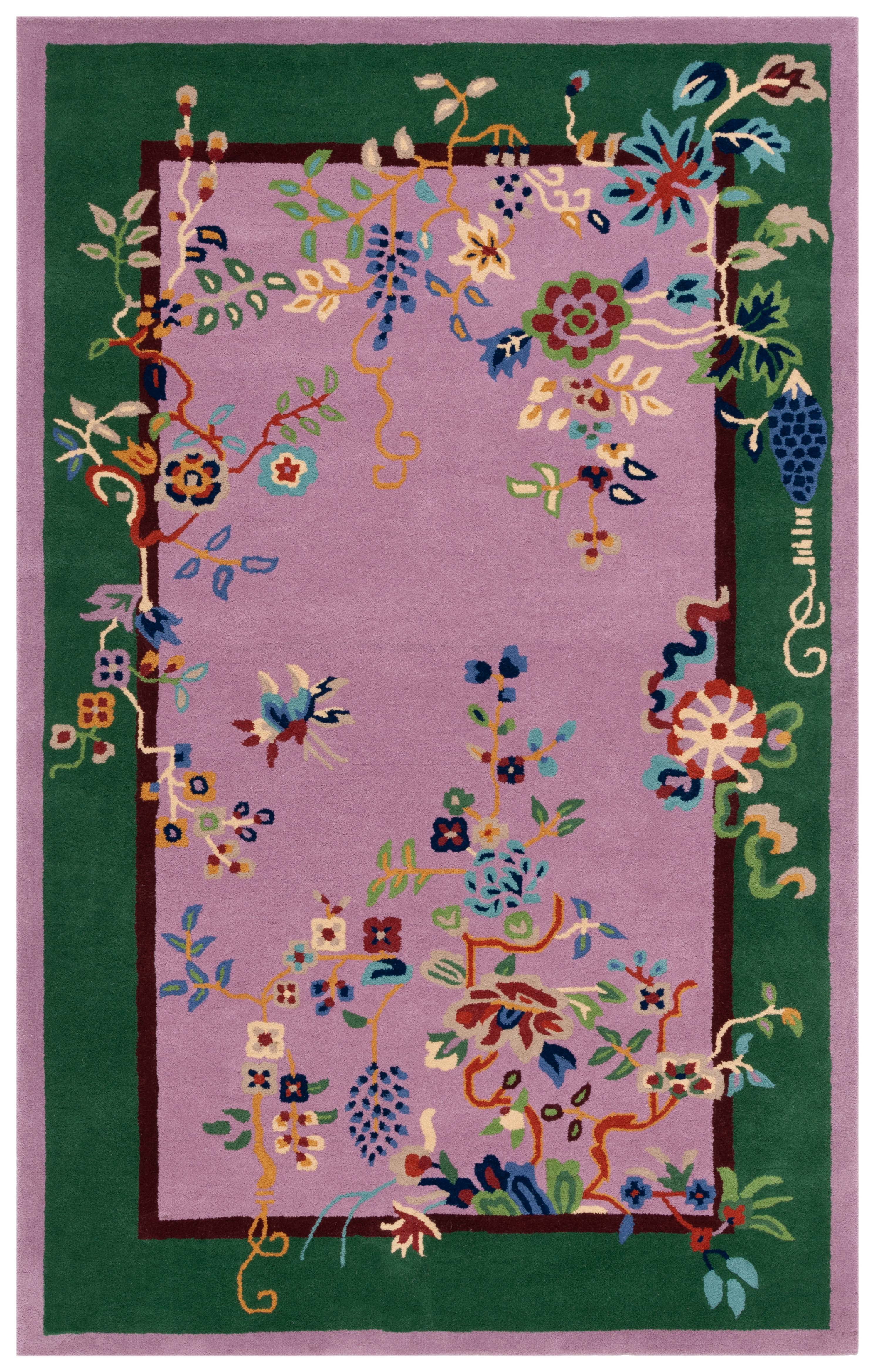 Handmade Purple and Green Floral Wool Area Rug 6' x 9'
