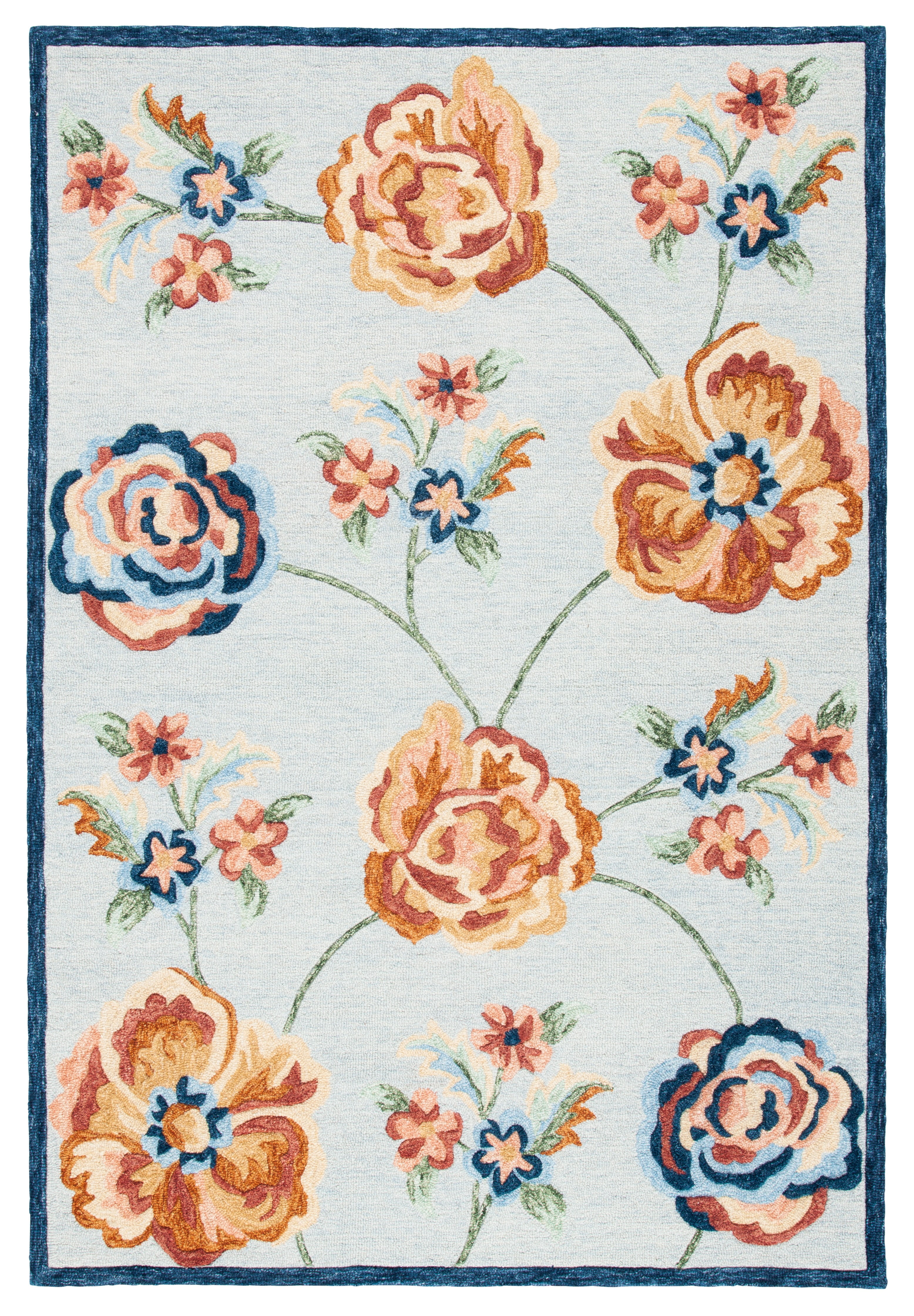 Handmade Blue Floral Wool 4' x 6' Area Rug