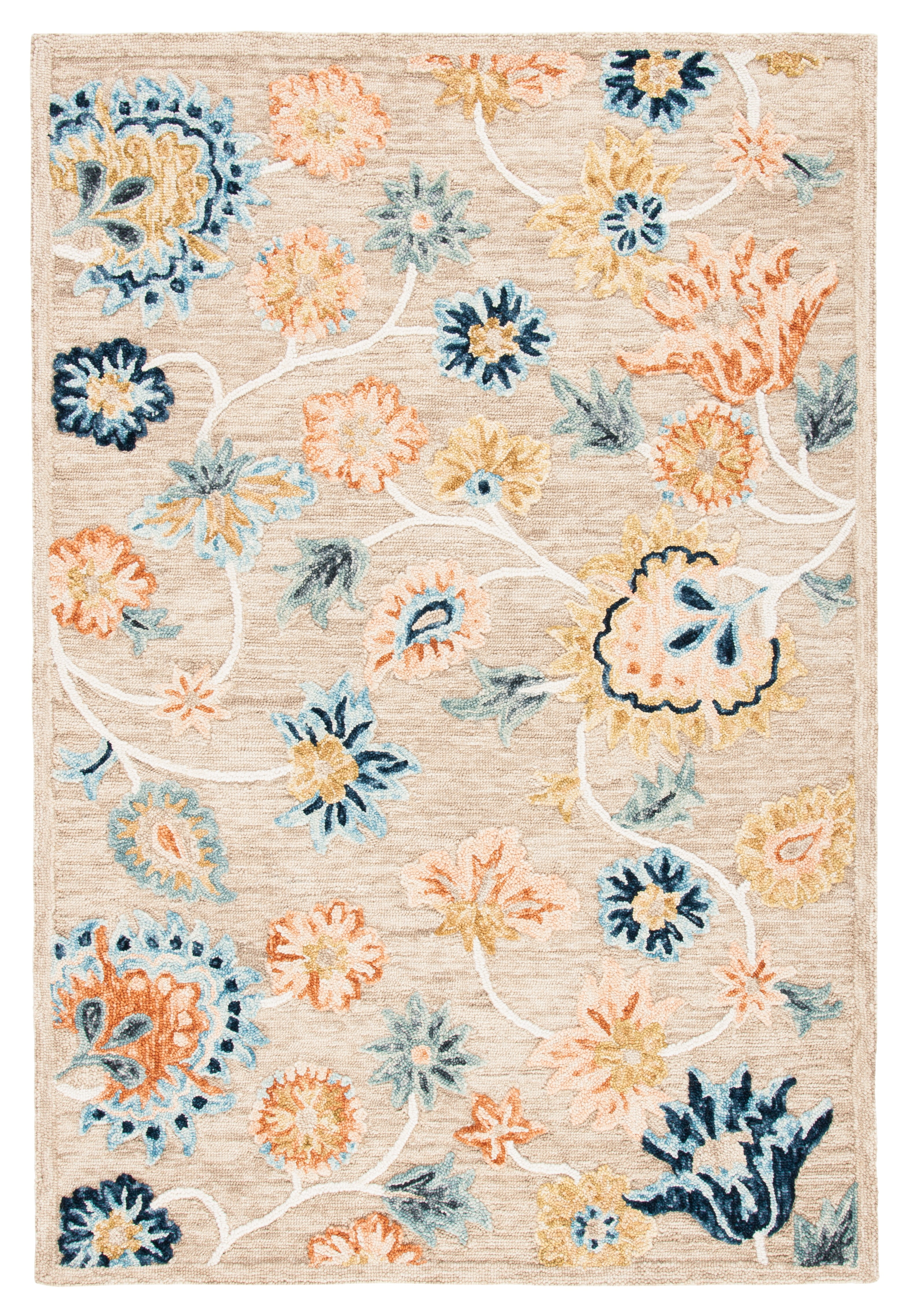 Beige and Blue Floral Hand-Tufted Wool Area Rug, 5' x 8'