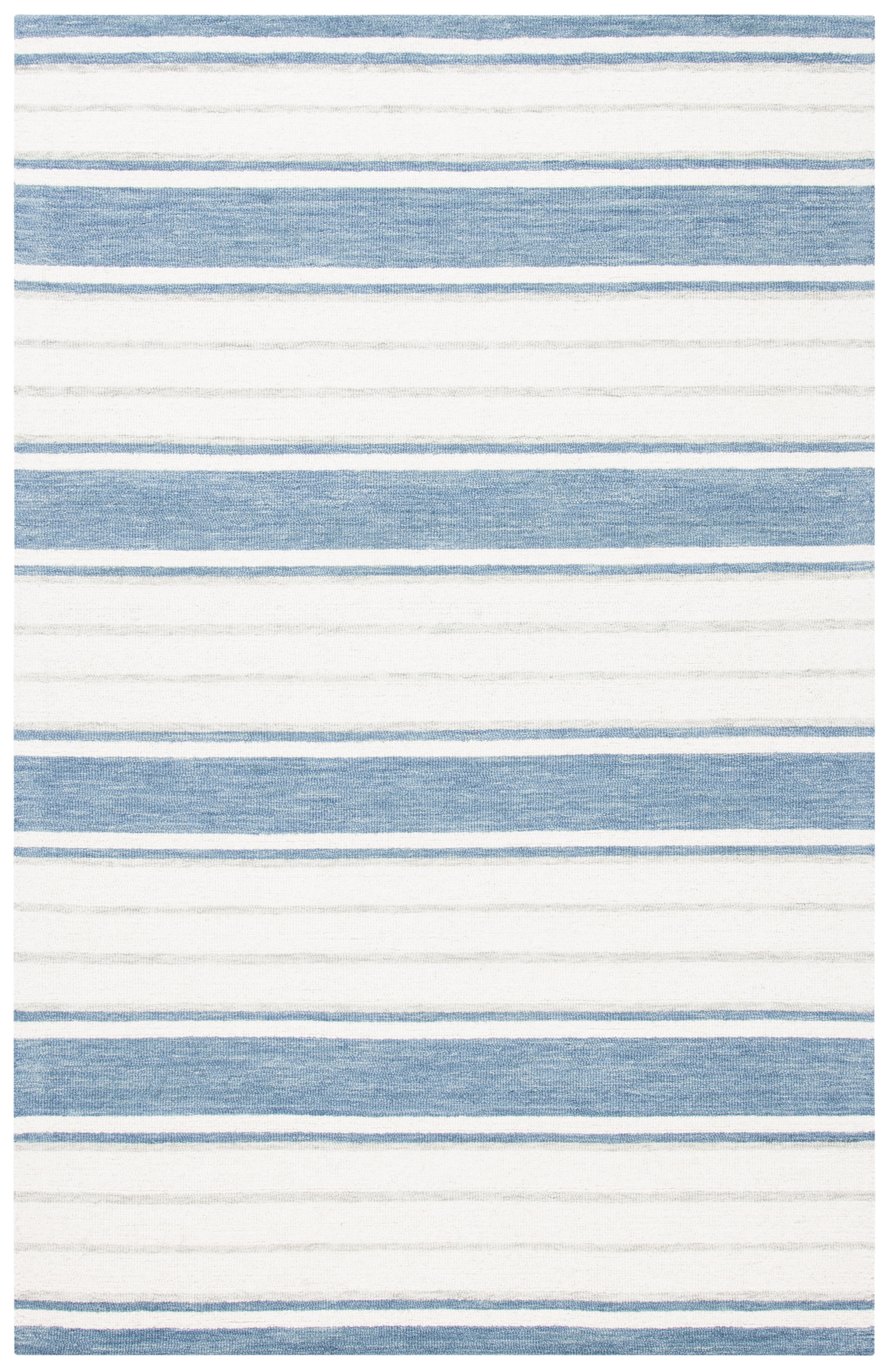 Blue and Ivory Hand-Tufted Wool Striped 4' x 6' Rug