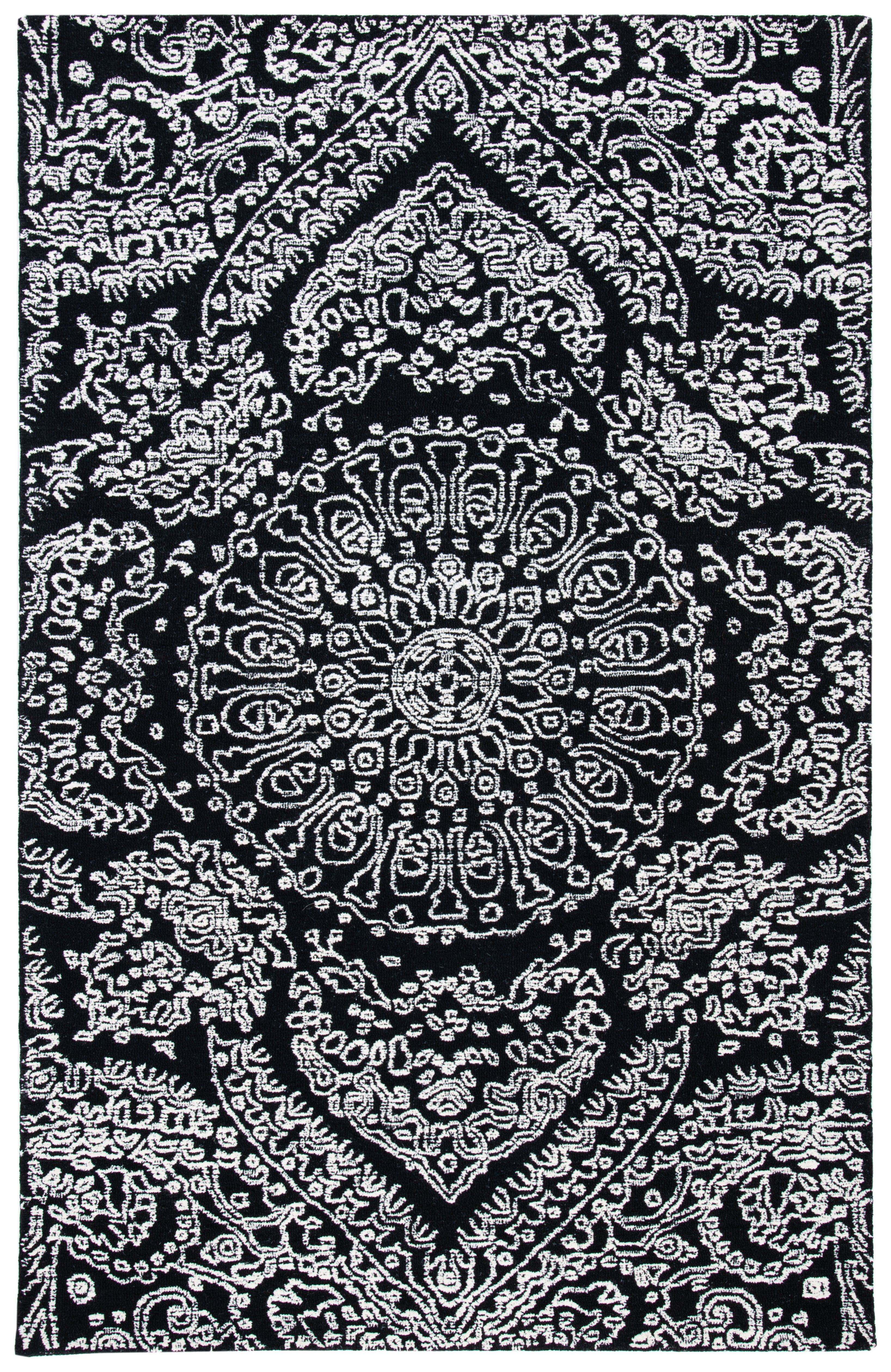 Black and Ivory Floral Hand-Tufted Wool 6' x 9' Area Rug