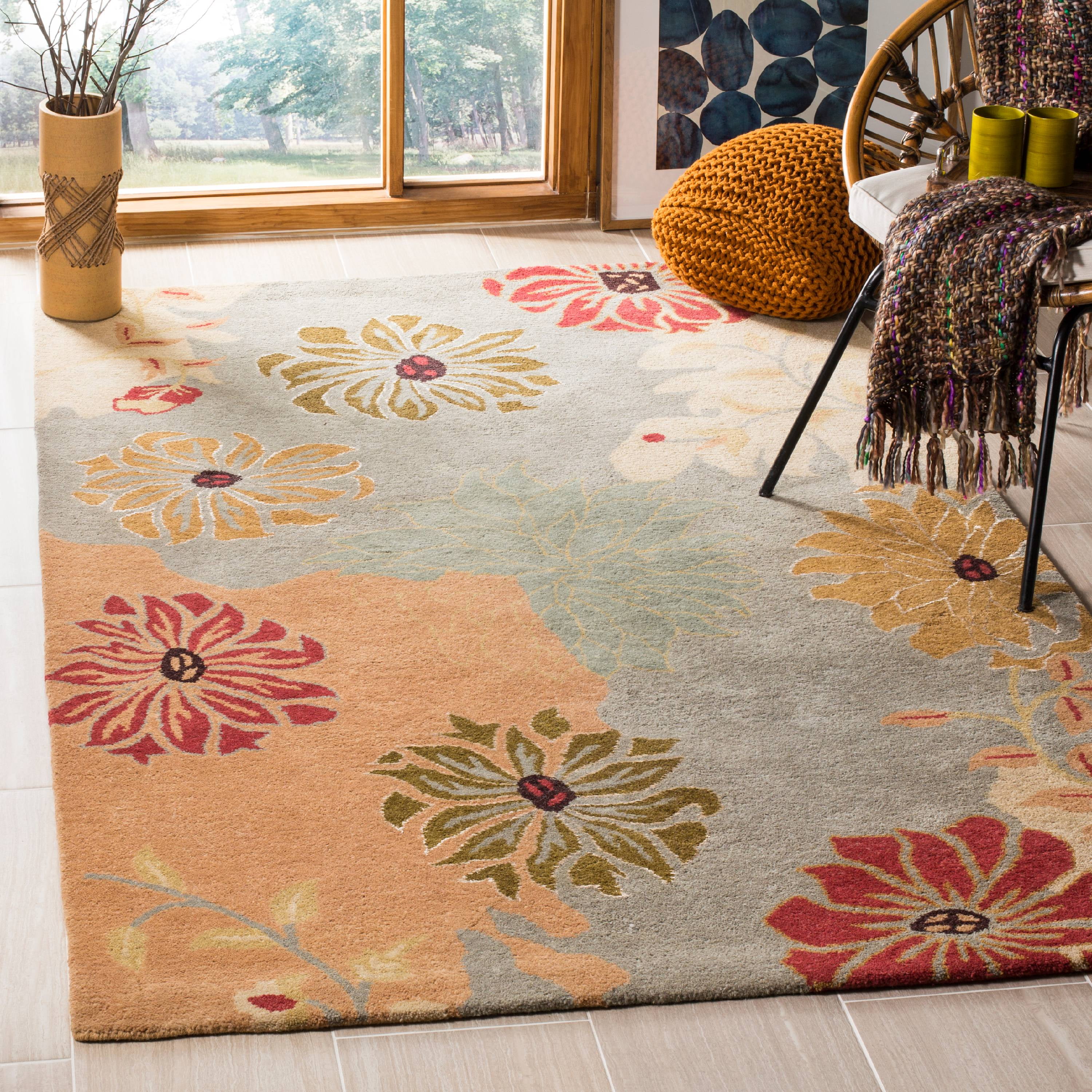 Elegant Blue Floral Hand-Tufted Wool Square Area Rug, 7' x 7'