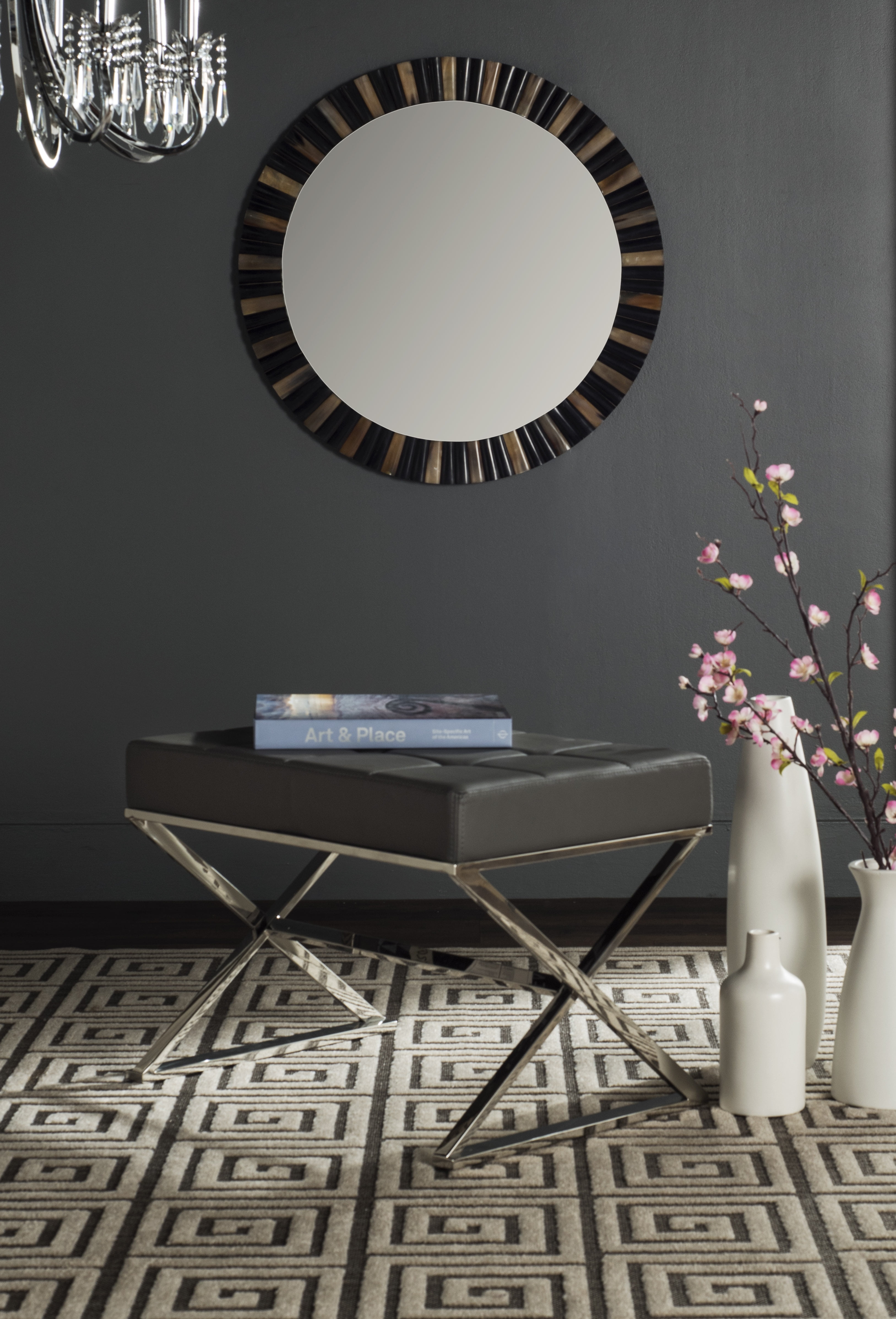 Transitional Micha Round Ottoman in Gray with Silver Stainless Steel