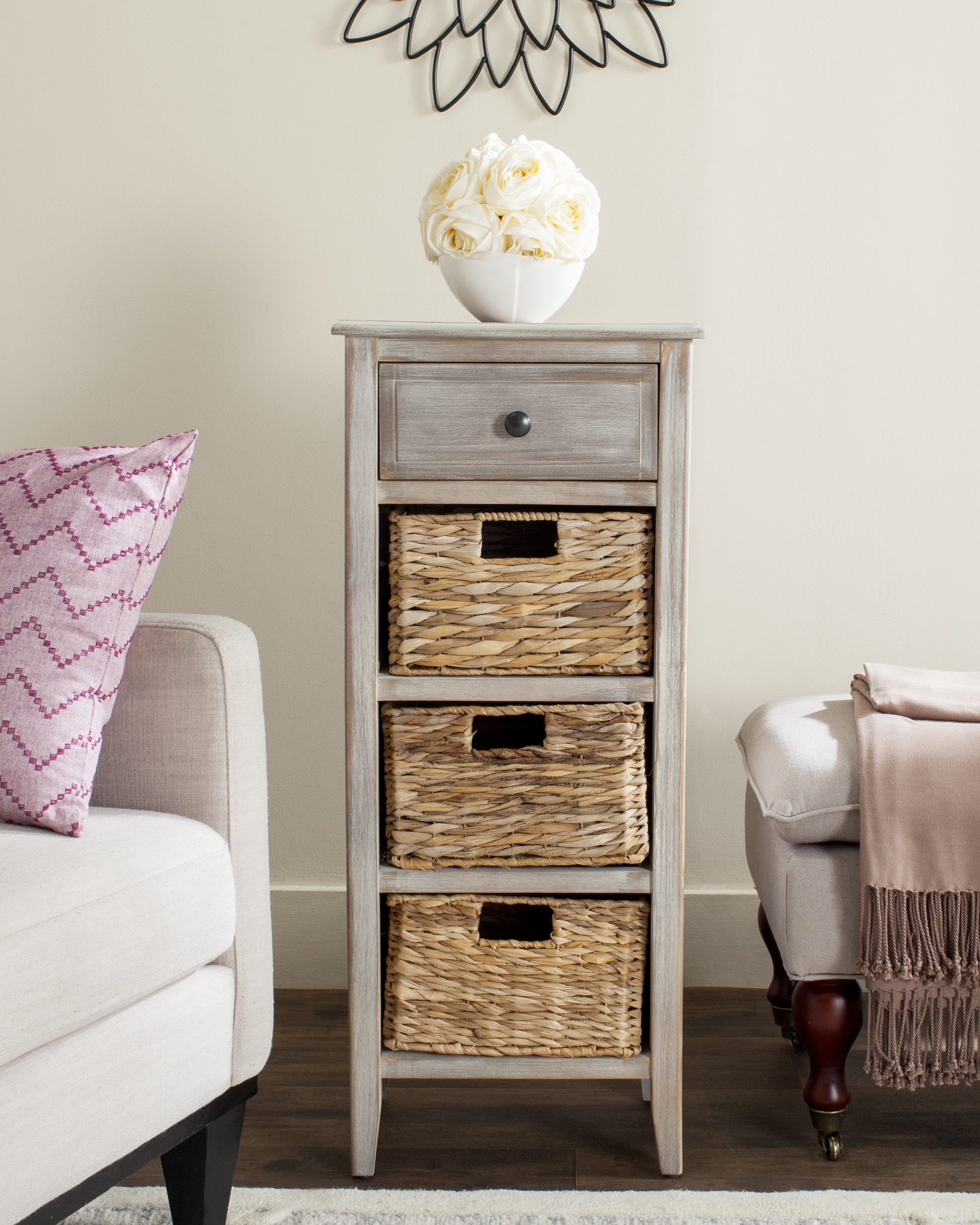 Transitional Michaela Rectangular Wooden Side Table with 4 Basket Drawers - Vintage White