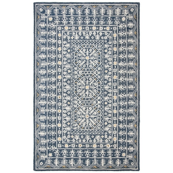 SAFAVIEH Micro-Loop Anson Floral Bordered Wool Area Rug, Blue/Ivory, 5' x 8'