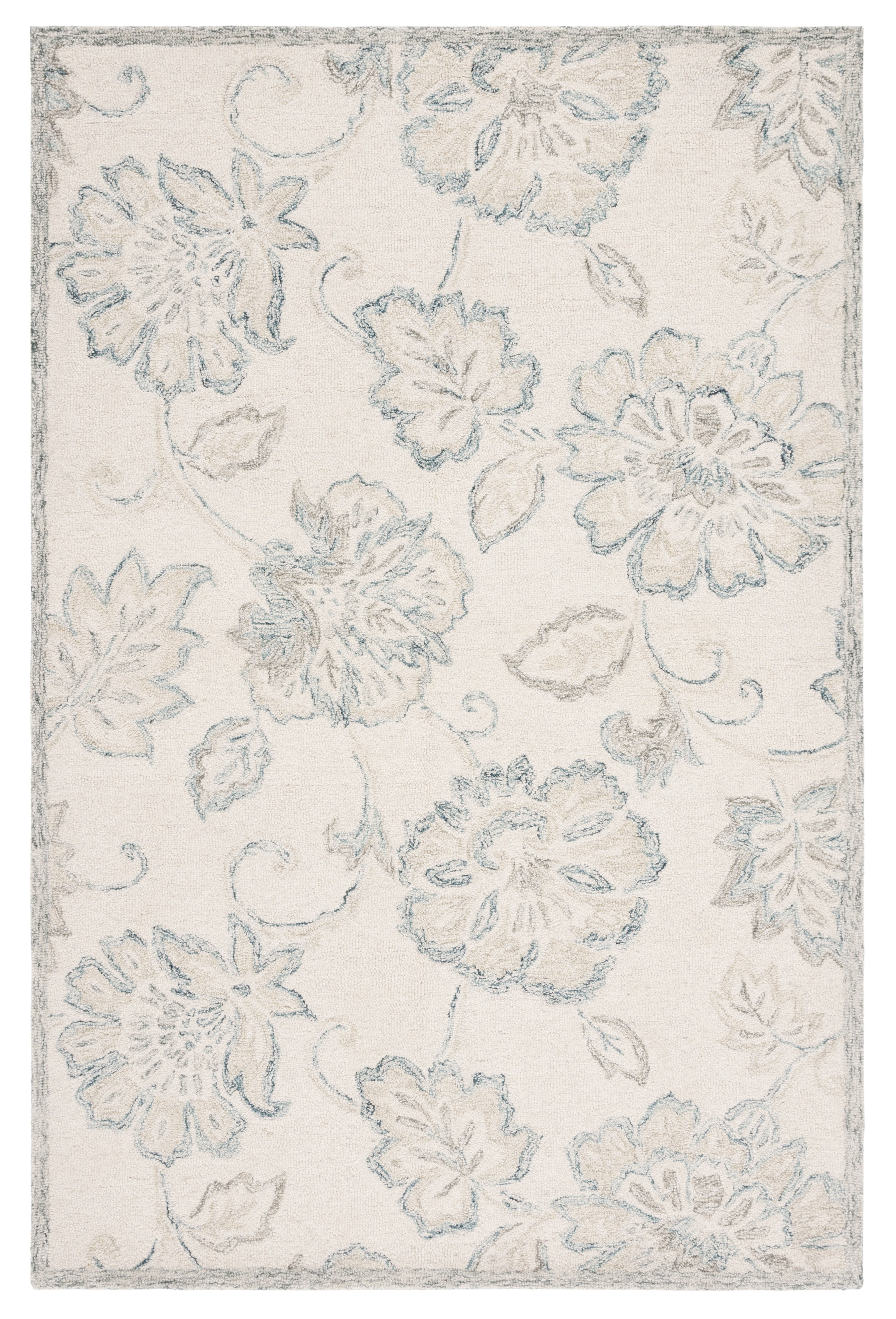 Ivory and Blue Handmade Wool Tufted Rectangular Rug, 3' x 5'