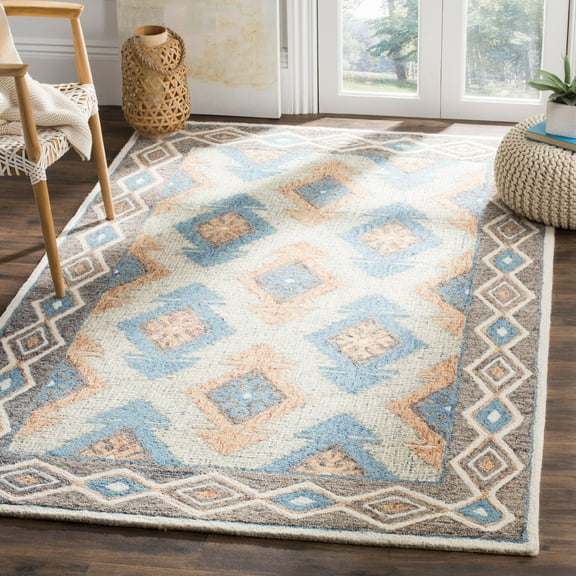 SAFAVIEH Micro-Loop Averill Geometric Aztec Wool Area Rug, Blue/Beige, 4' x 6'