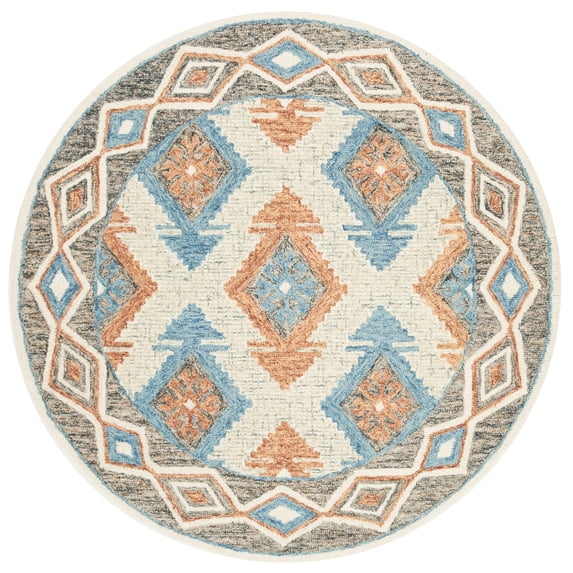 SAFAVIEH Micro-Loop Averill Geometric Aztec Wool Area Rug, Blue/Beige, 5' x 5' Round