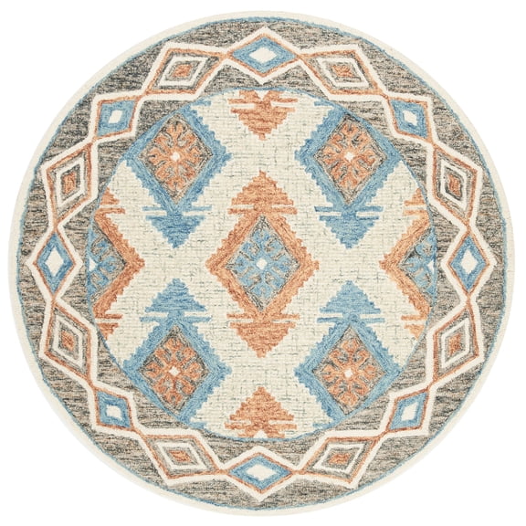 SAFAVIEH Micro-Loop Averill Geometric Aztec Wool Area Rug, Blue/Beige, 5' x 5' Round
