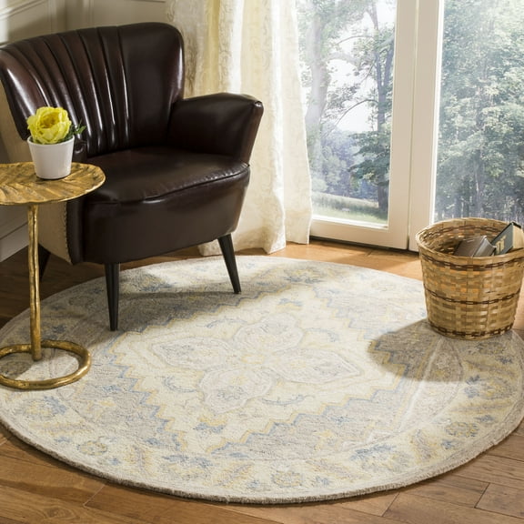SAFAVIEH Micro-Loop Barnes Floral Bordered Wool Area Rug, Beige/Grey, 5' x 5' Round
