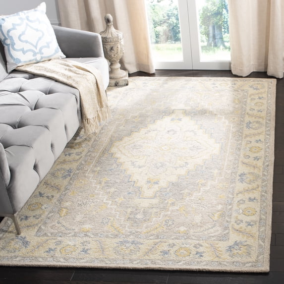 SAFAVIEH Micro-Loop Barnes Floral Bordered Wool Area Rug, Beige/Grey, 5' x 8'