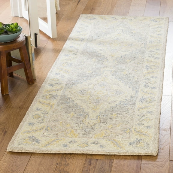SAFAVIEH Micro-Loop Barnes Floral Bordered Wool Runner Rug, Beige/Grey, 2'3" x 7'