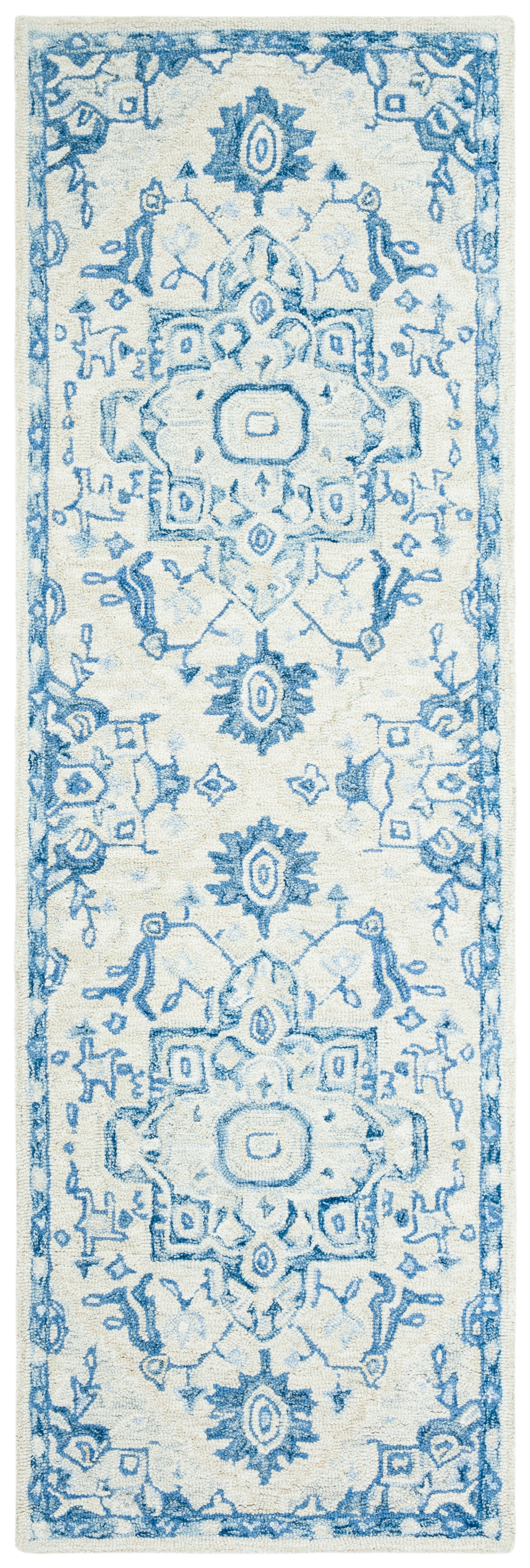 Ivory and Blue Handmade Wool Runner Rug