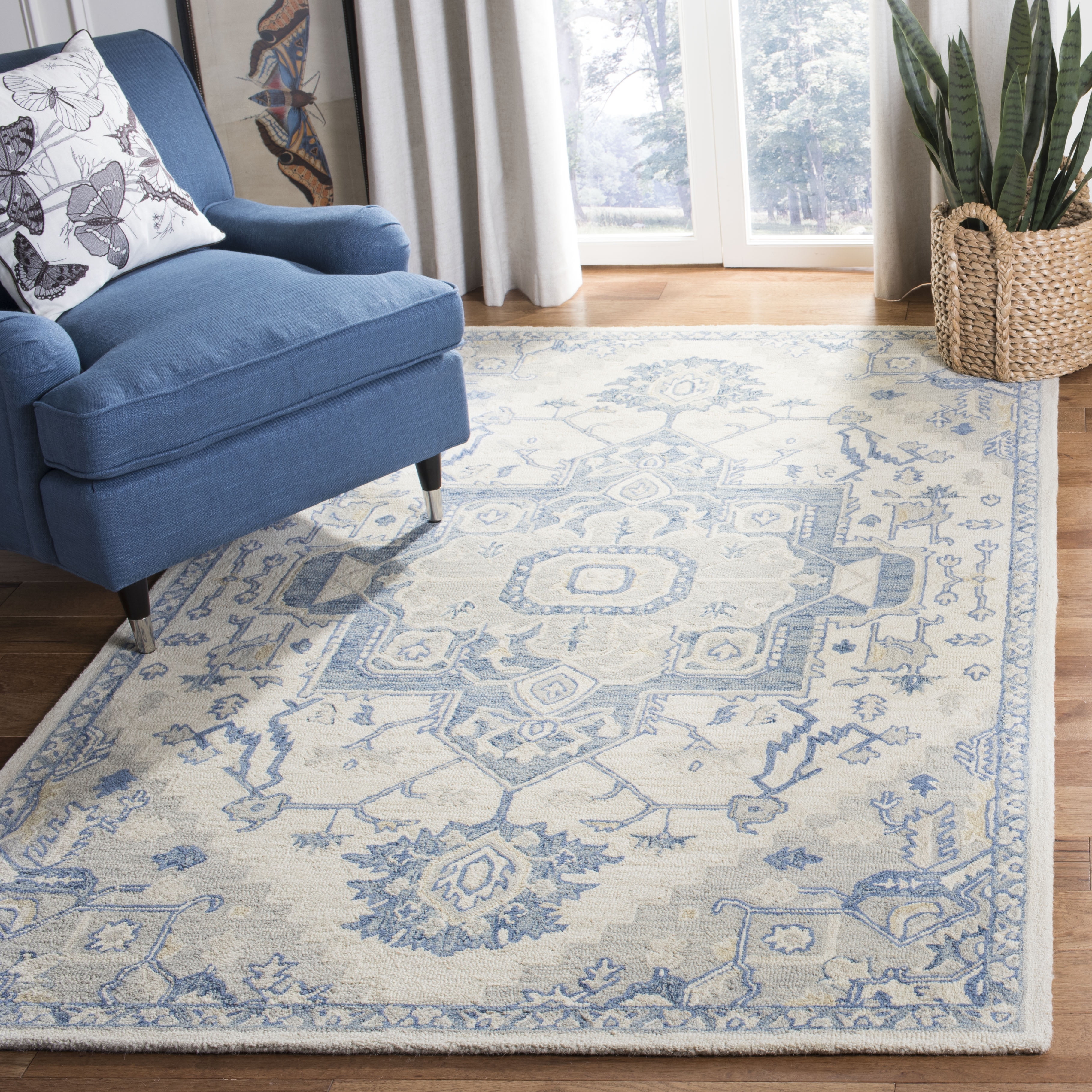 Handmade Ivory and Blue Wool Square Area Rug, 8' x 10'