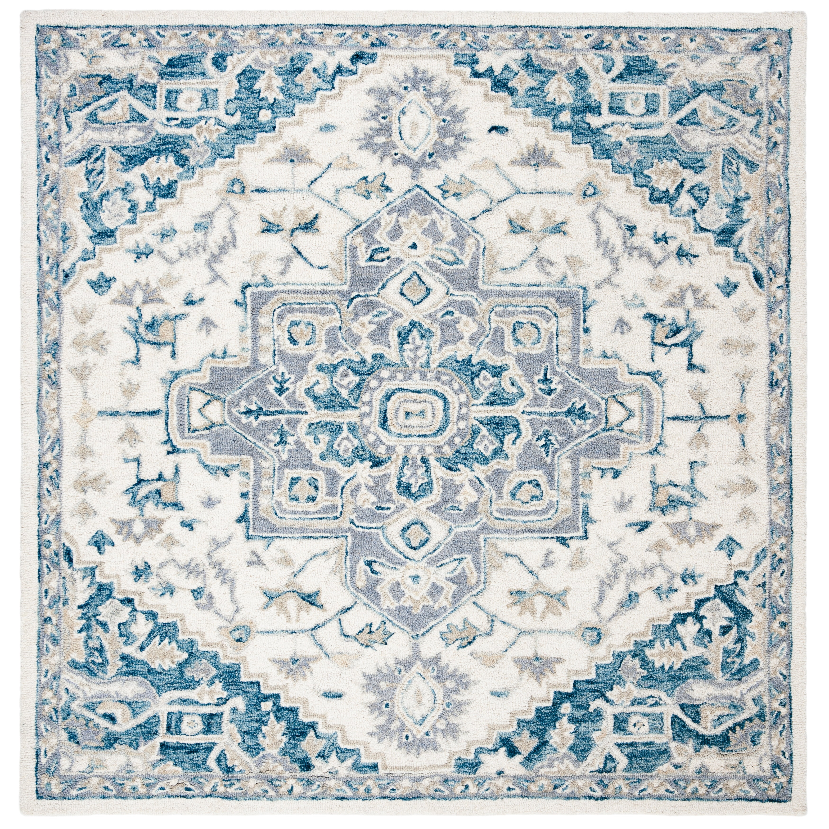 Ivory Navy Hand-Tufted Wool 5' Square Area Rug