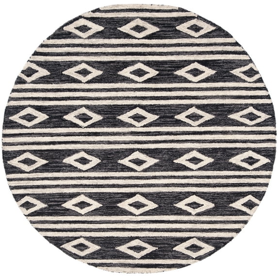 SAFAVIEH Micro-Loop Briony Diamond Striped Wool Area Rug, Charcoal/Ivory, 5' x 5' Round