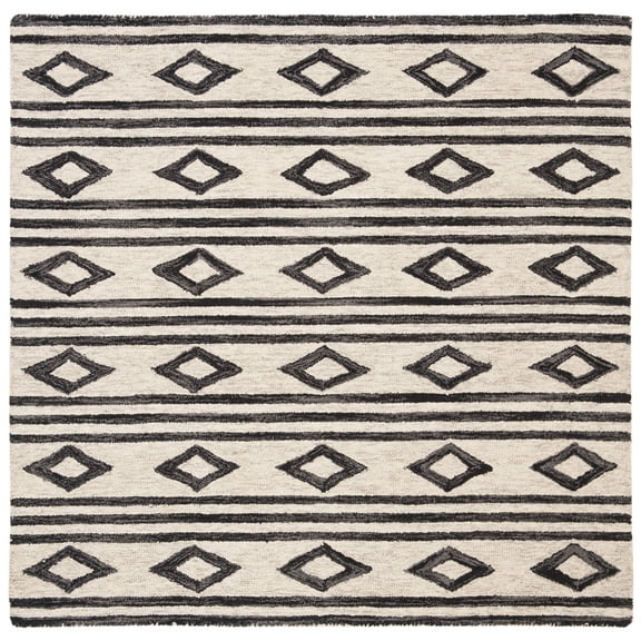 SAFAVIEH Micro-Loop Briony Geometric Wool Area Rug, Ivory/Charcoal, 5' x 5' Square