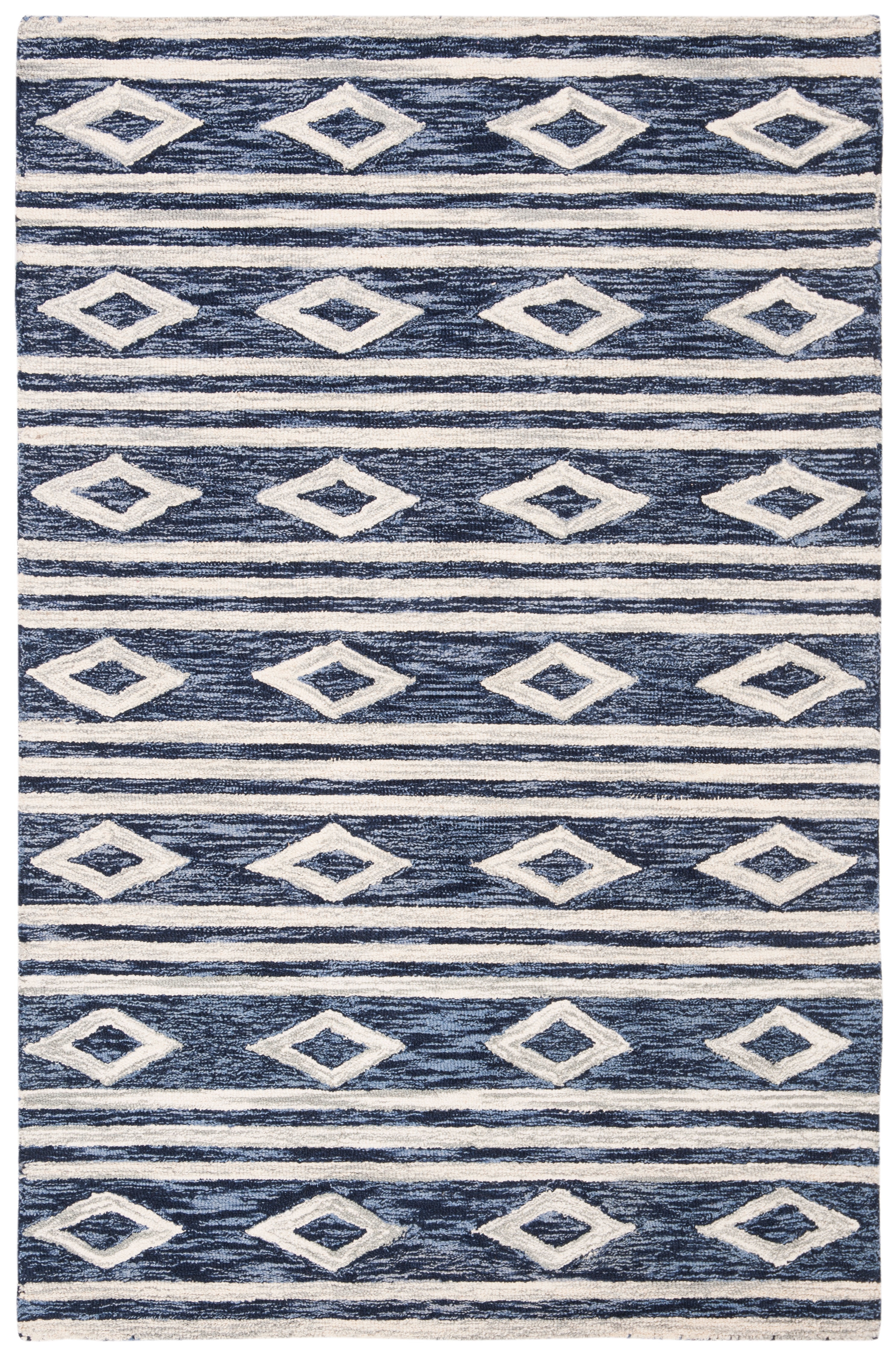 SAFAVIEH Micro-Loop Briony Diamond Striped Wool Area Rug, Navy/Ivory, 4' x 6'