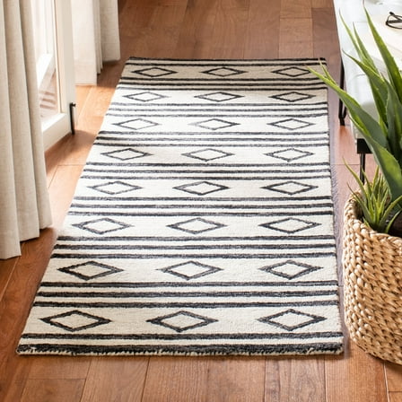SAFAVIEH Micro-Loop Briony Diamond Striped Wool Runner Rug, Ivory/Charcoal, 2'3" x 7'