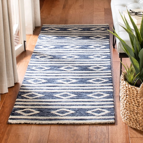 SAFAVIEH Micro-Loop Briony Diamond Striped Wool Runner Rug, Navy/Ivory, 2'3" x 7'