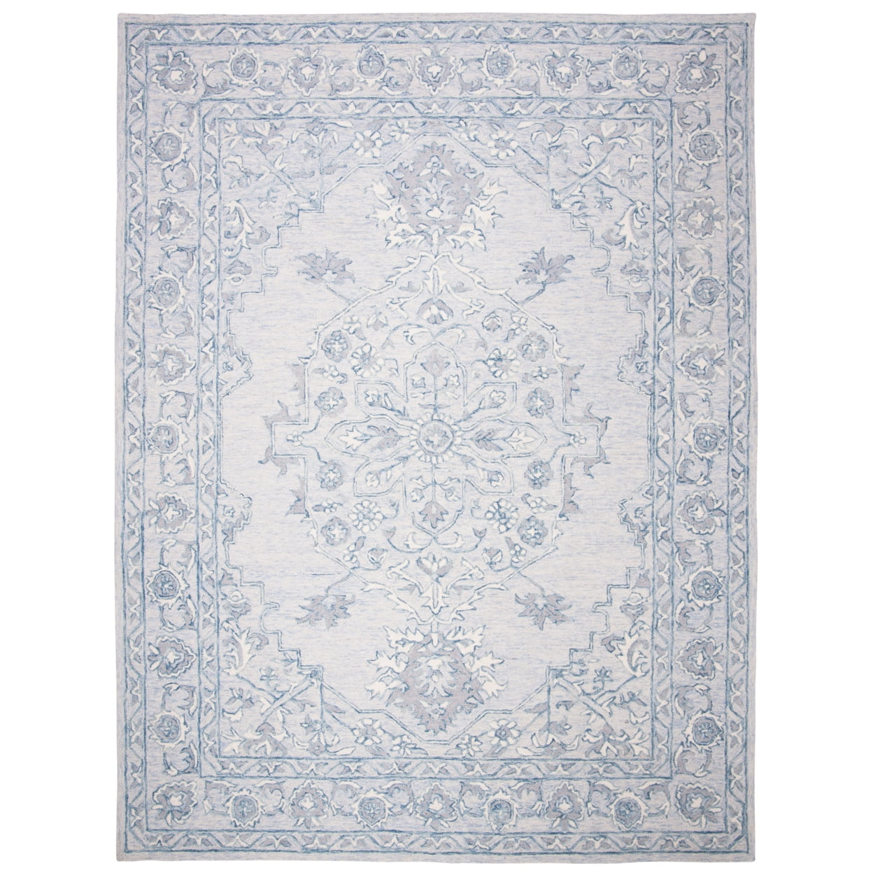 SAFAVIEH Micro-Loop Britton Floral Bordered Wool Area Rug, Light Blue/Ivory, 5' x 5' Round